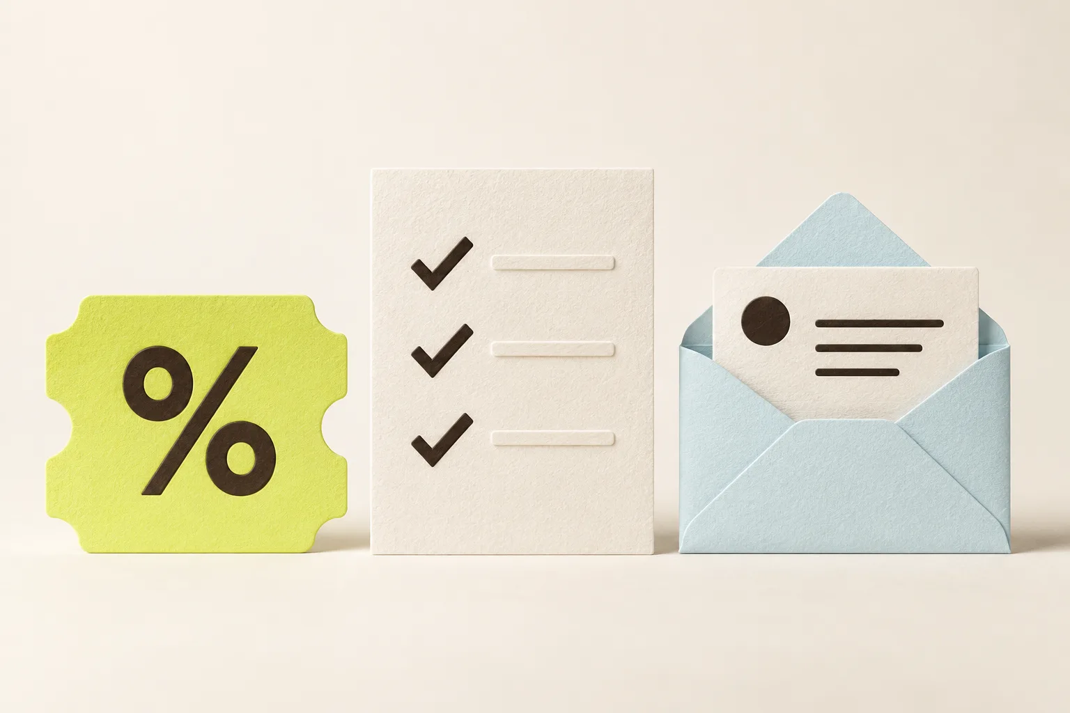 A citron discount ticket, a paper checklist and an ice blue newsletter envelope: three useful reasons to subscribe.