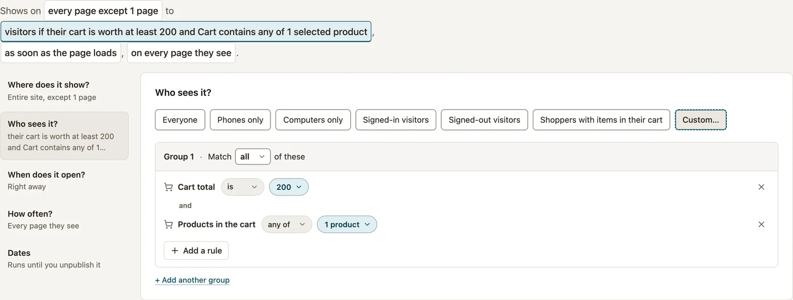 Cart rules requiring a minimum total and a selected product