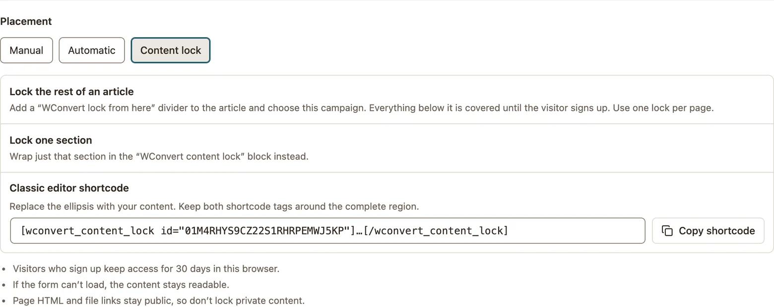 Content lock placement with block and shortcode instructions