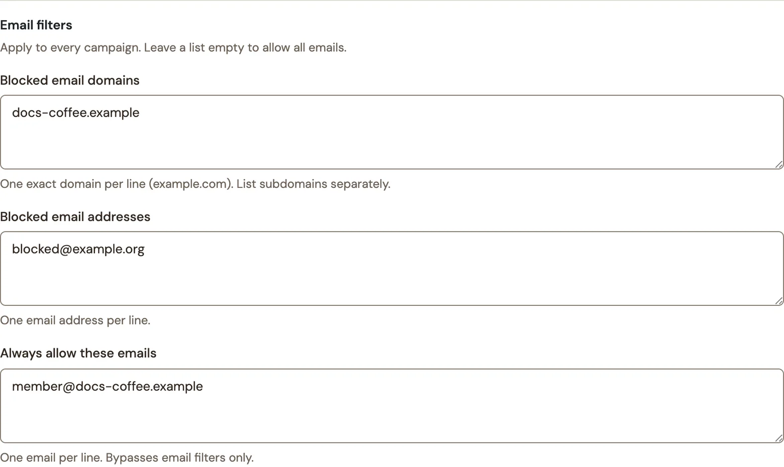 A blocked example domain with one allowed email exception