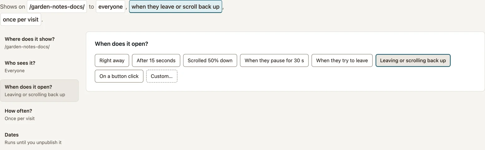 Opening rules set to Leaving or scrolling back up