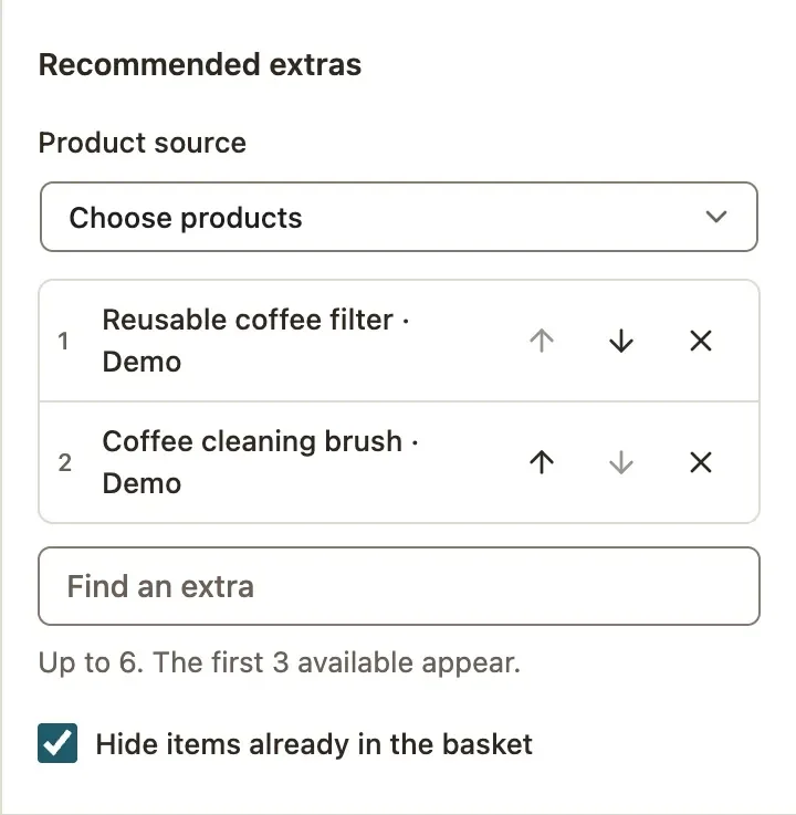 Selected coffee extras with basket exclusion enabled