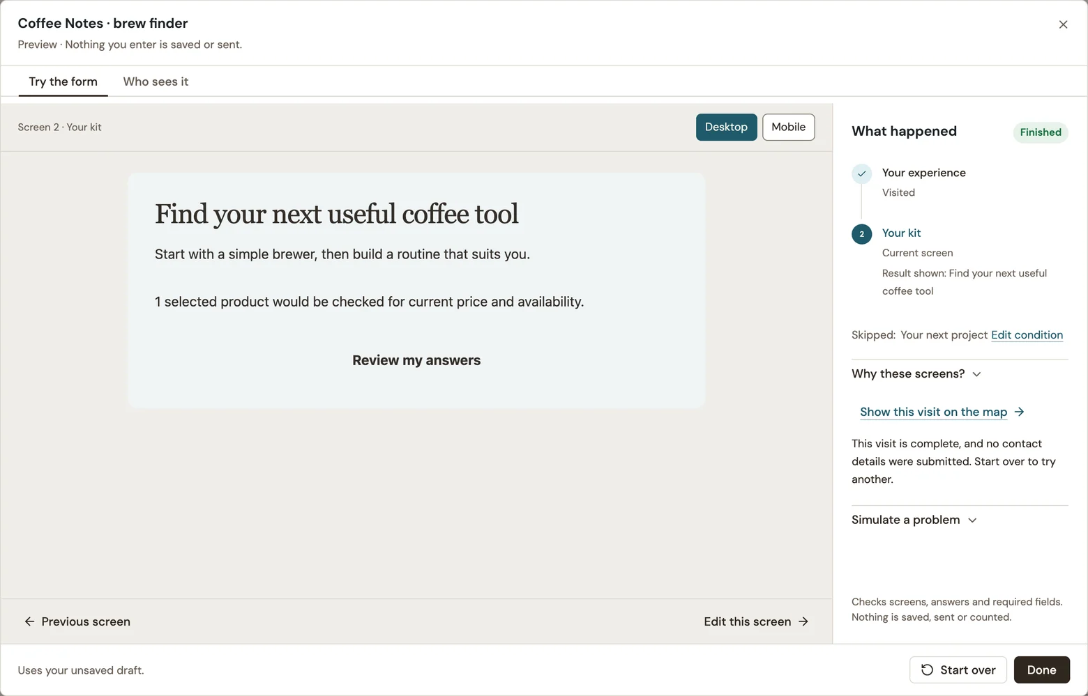 Quiz preview showing the fallback result and a skipped follow-up