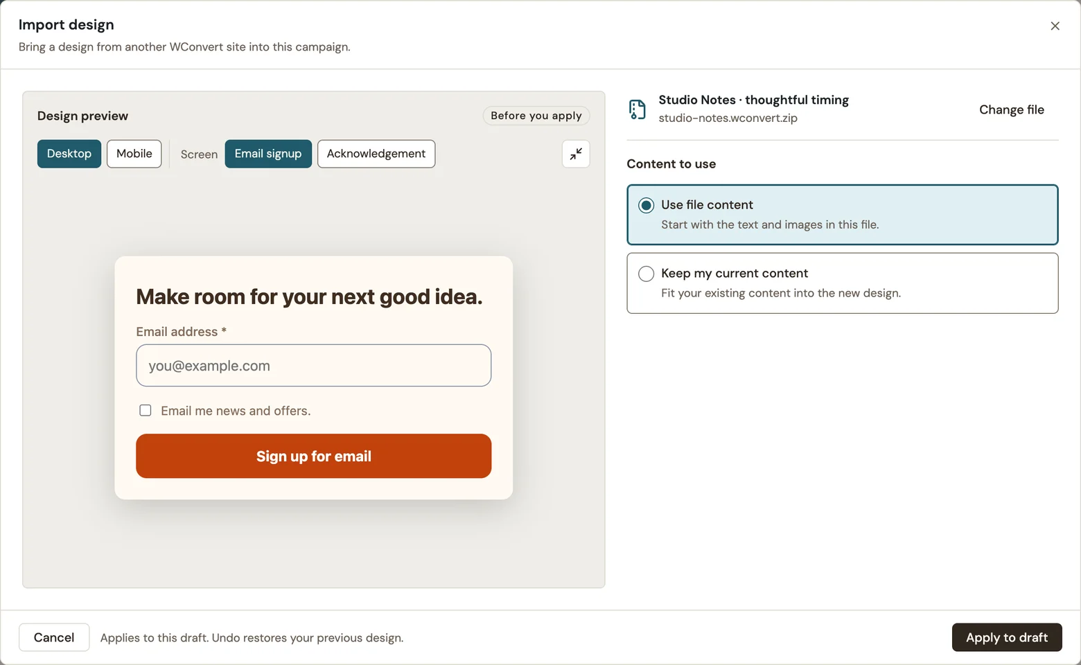 Design import review with content choices