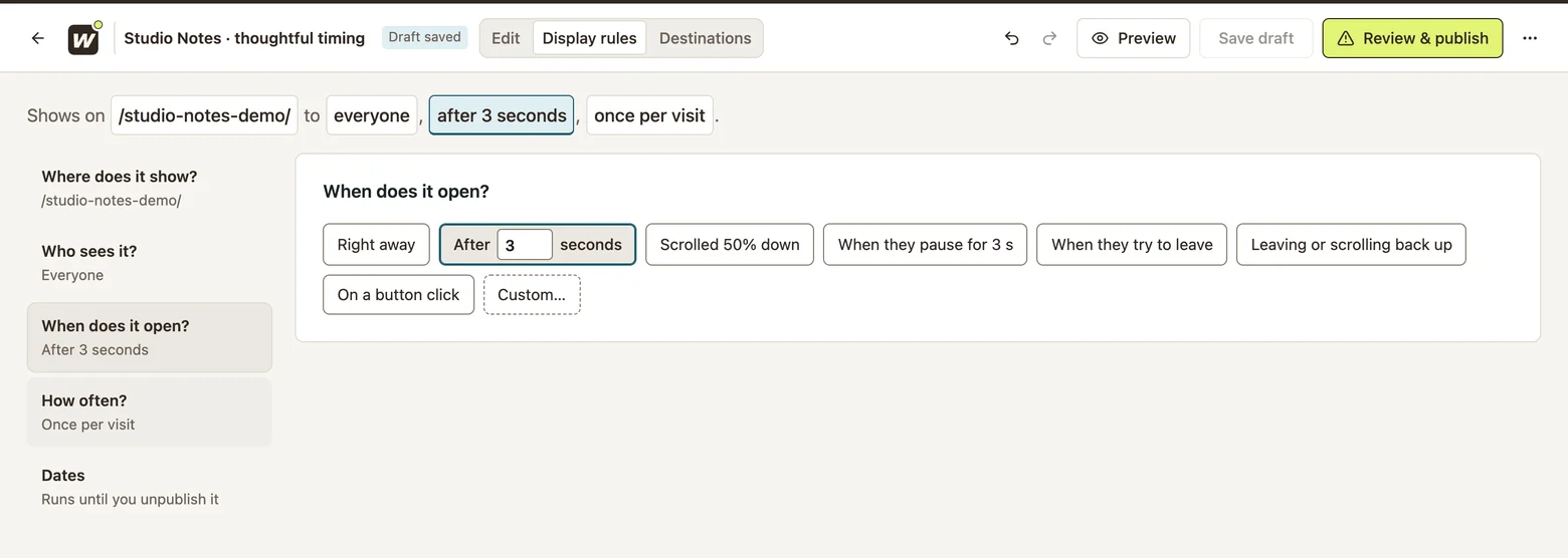Opening-trigger choices in Display rules