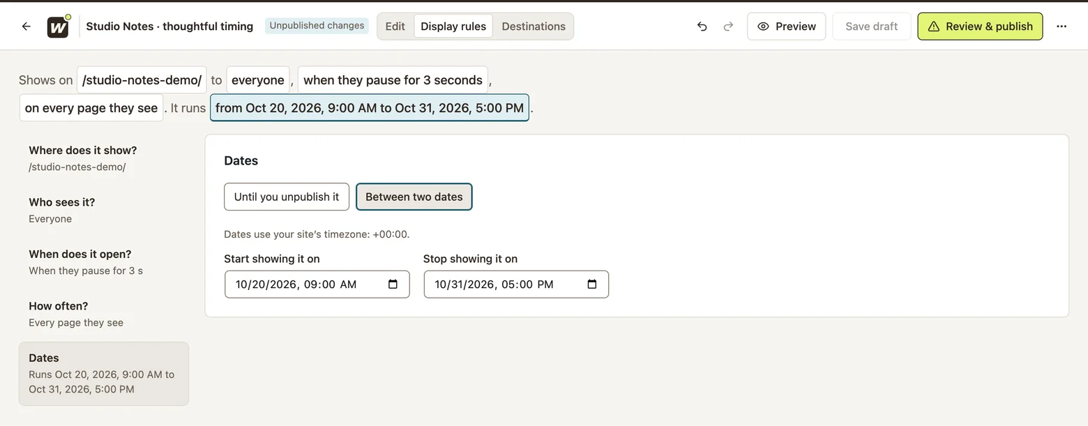 Start and end dates with the site timezone