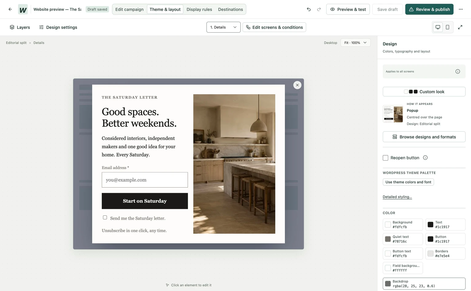 WConvert editor with campaign tabs above a newsletter popup preview.