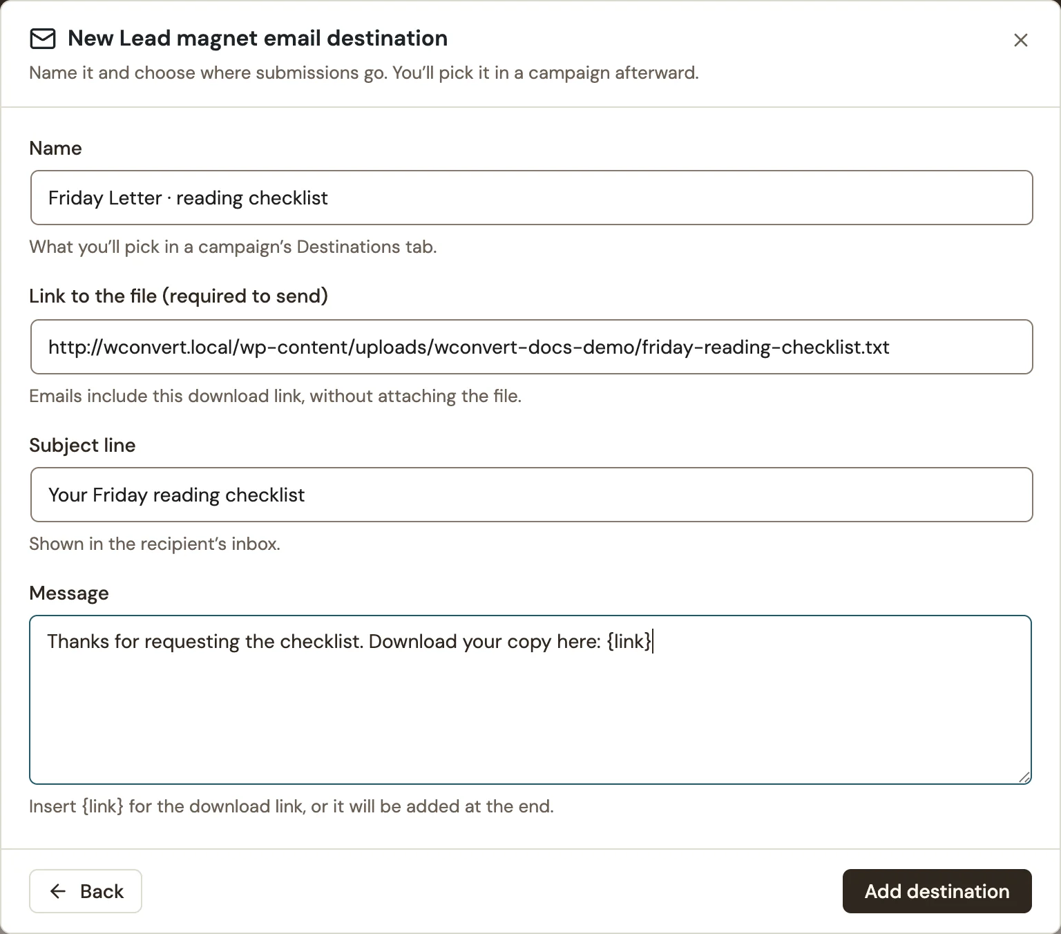 Settings for a lead magnet email destination