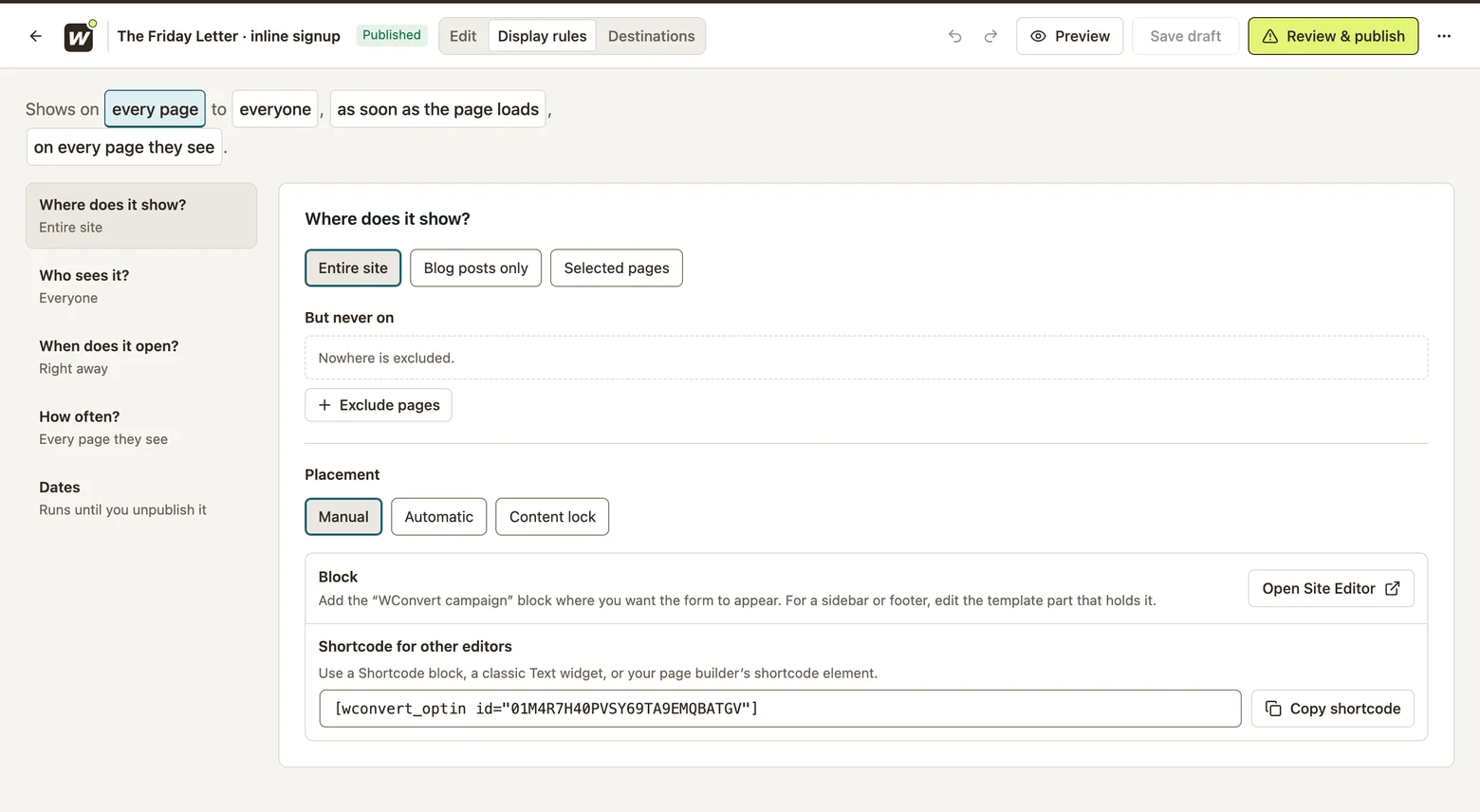 Manual inline placement with block and shortcode instructions