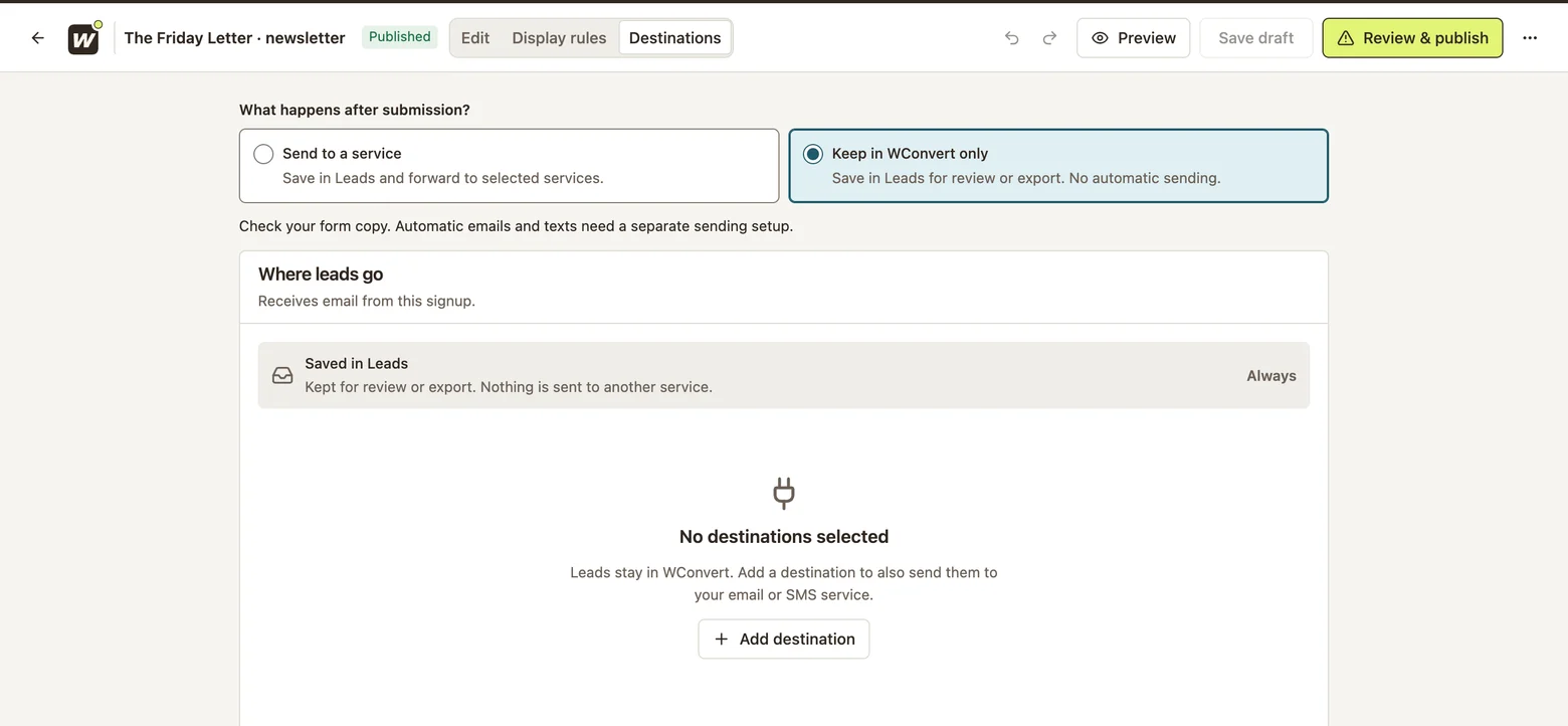 Keep in WConvert only selected in Destinations