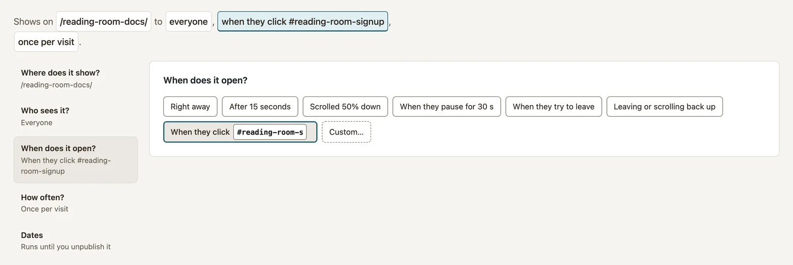 Click opening configured with the reading-room-signup selector