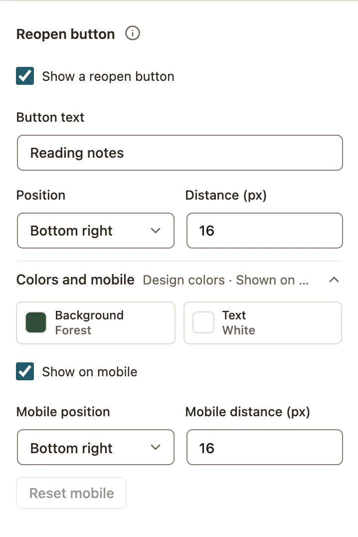 Reopen button settings with separate mobile controls