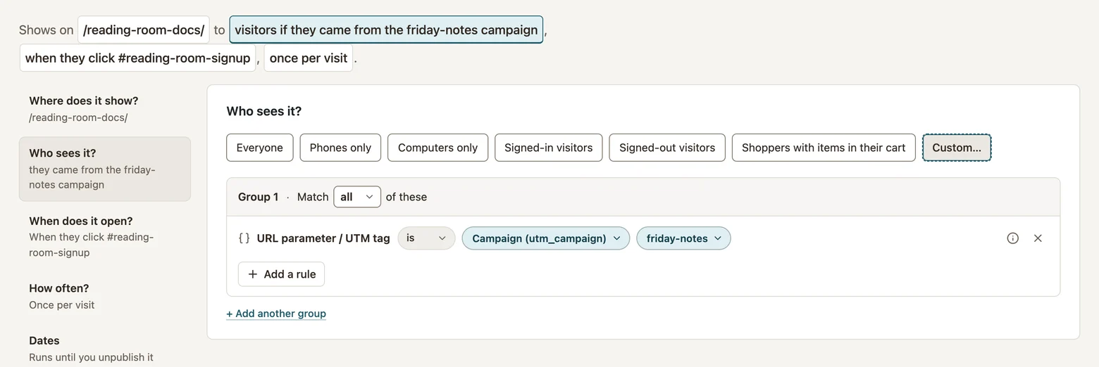 Campaign URL condition set to friday-notes