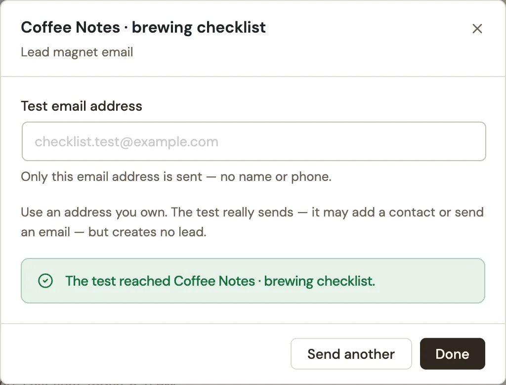A successful test for the Coffee Notes email destination
