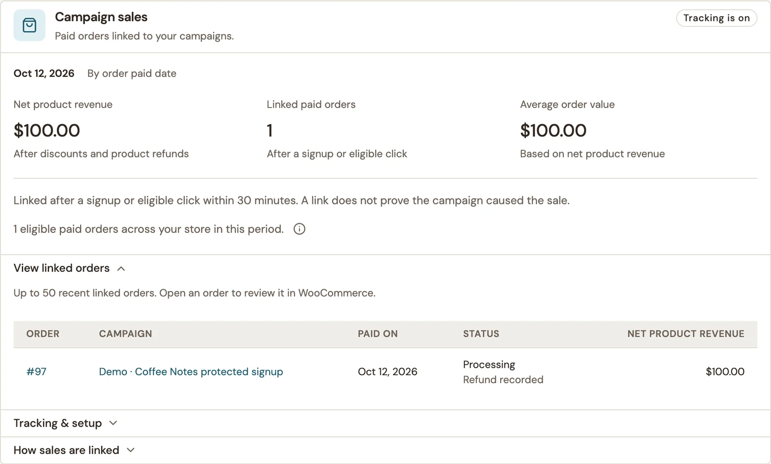 Campaign sales report with one linked order after a product refund