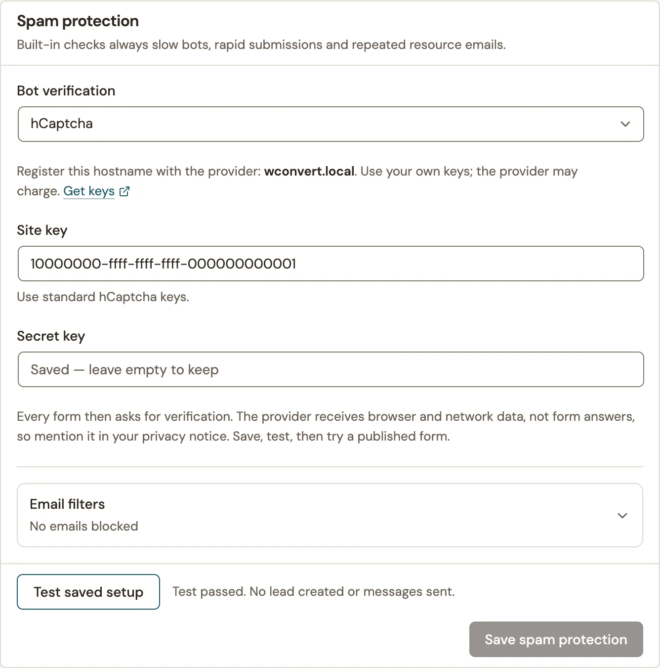 Saved hCaptcha setup with a successful verification test