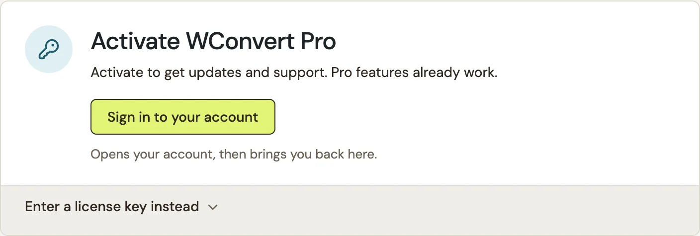 Pro activation screen explaining updates and support
