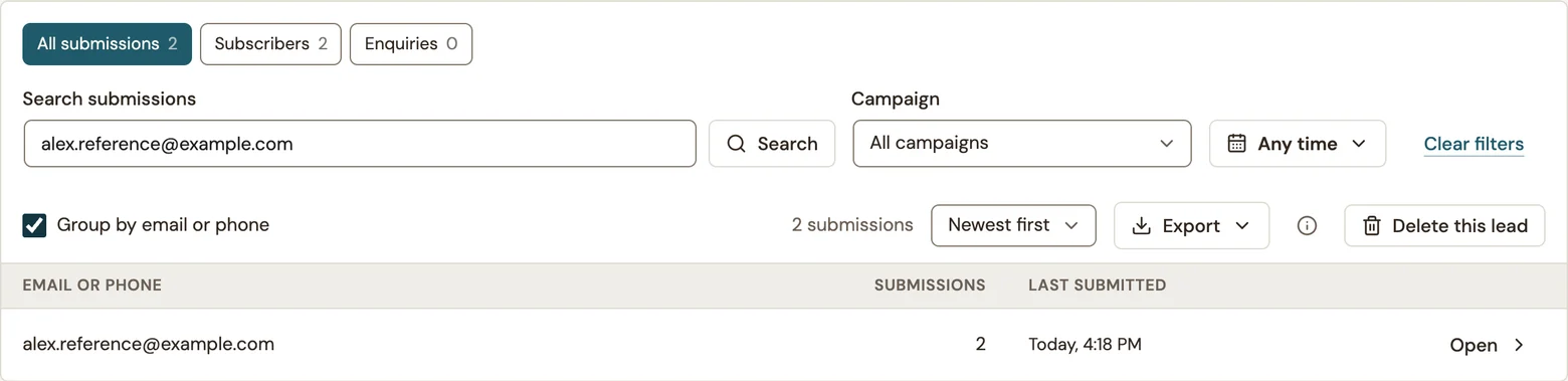 Two submissions grouped under one test email