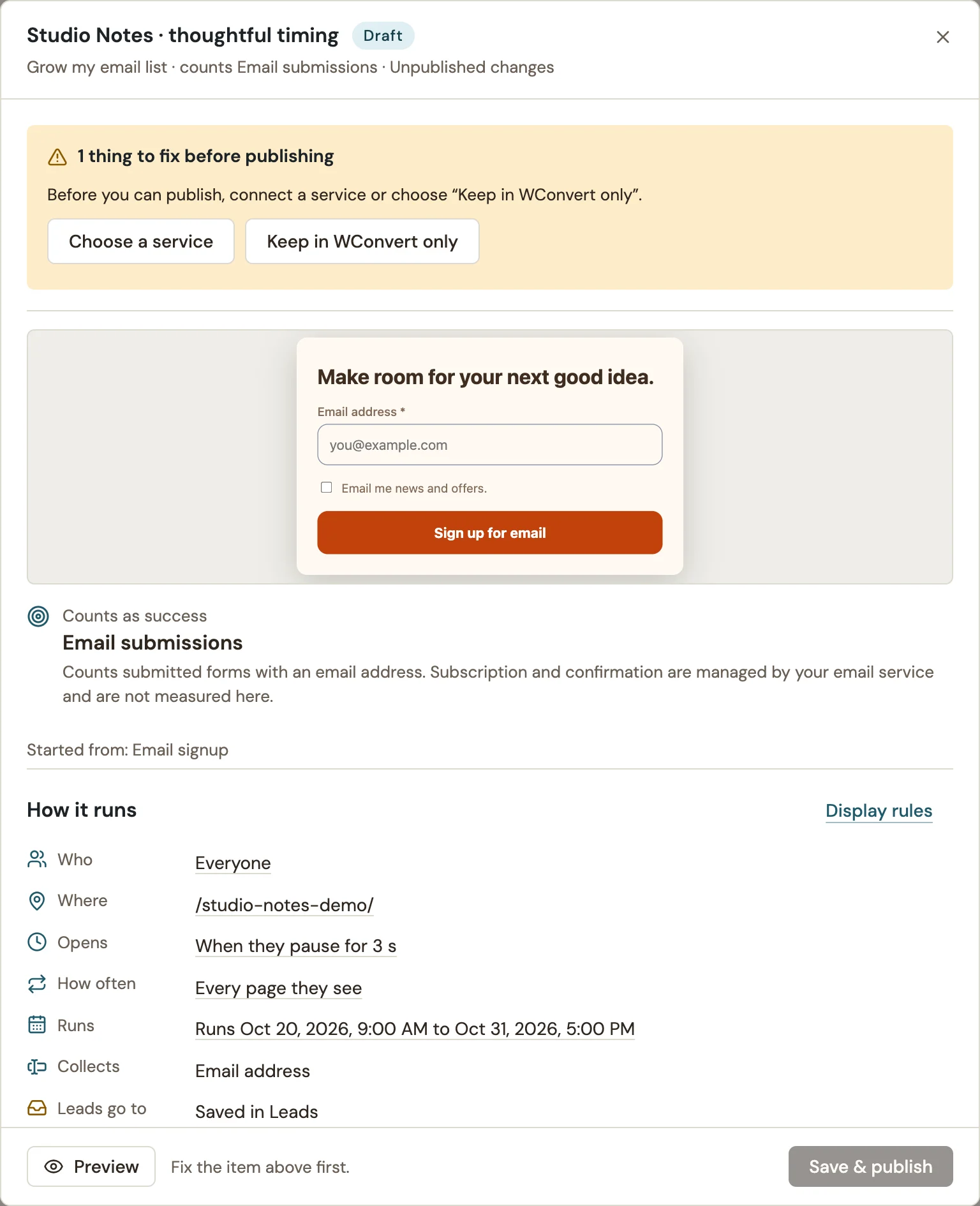 Publication blocked because no sending service is chosen