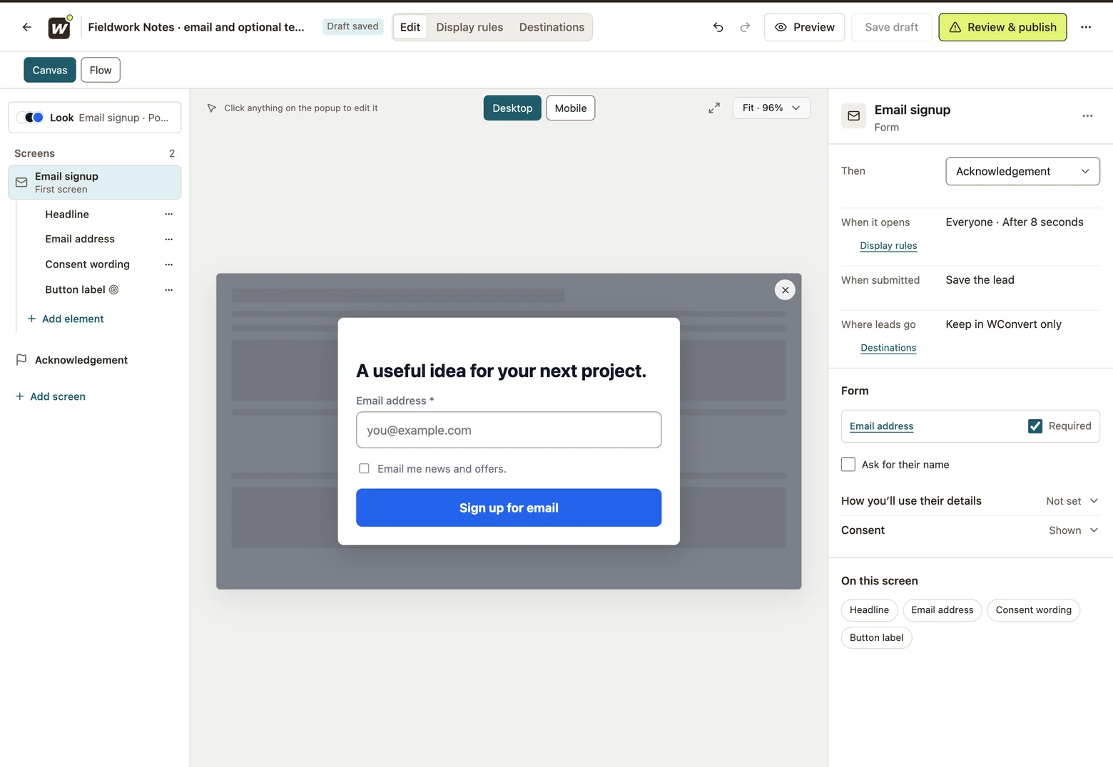 Email signup screen and Form settings