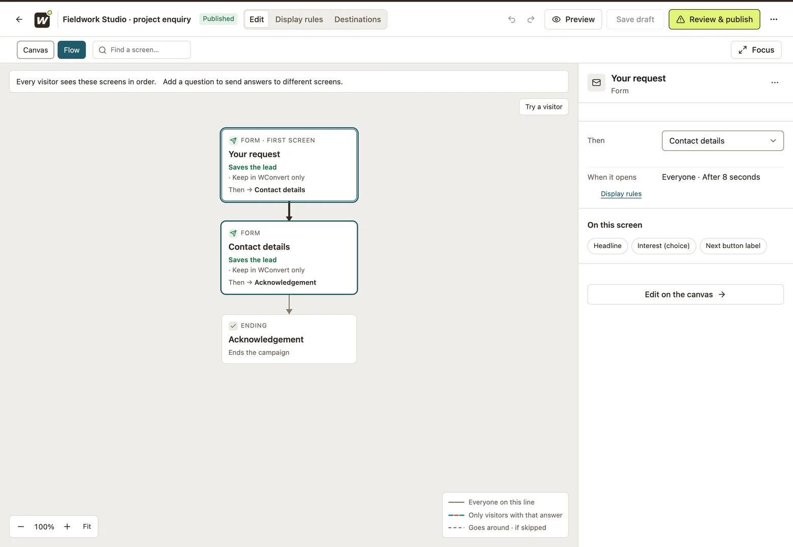 A three-screen enquiry sequence in Flow