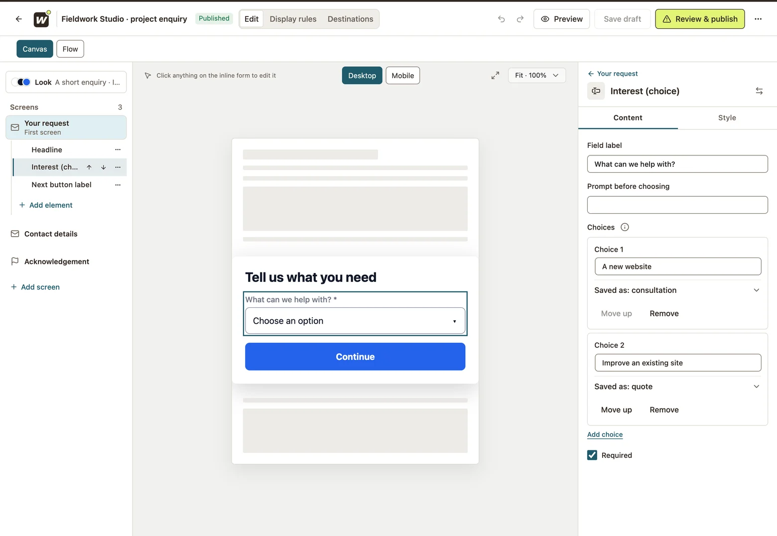 Interest choices for a website project enquiry