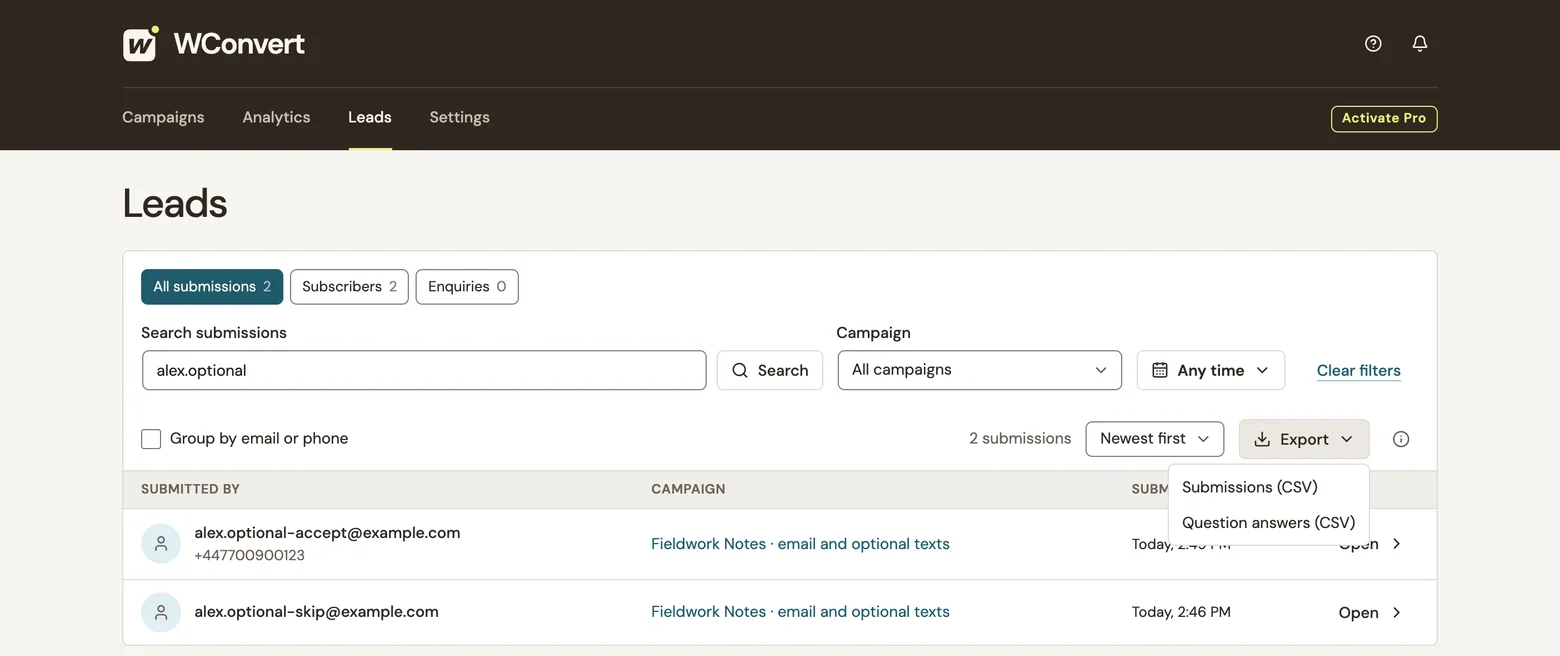 Filtered submissions and the CSV export menu