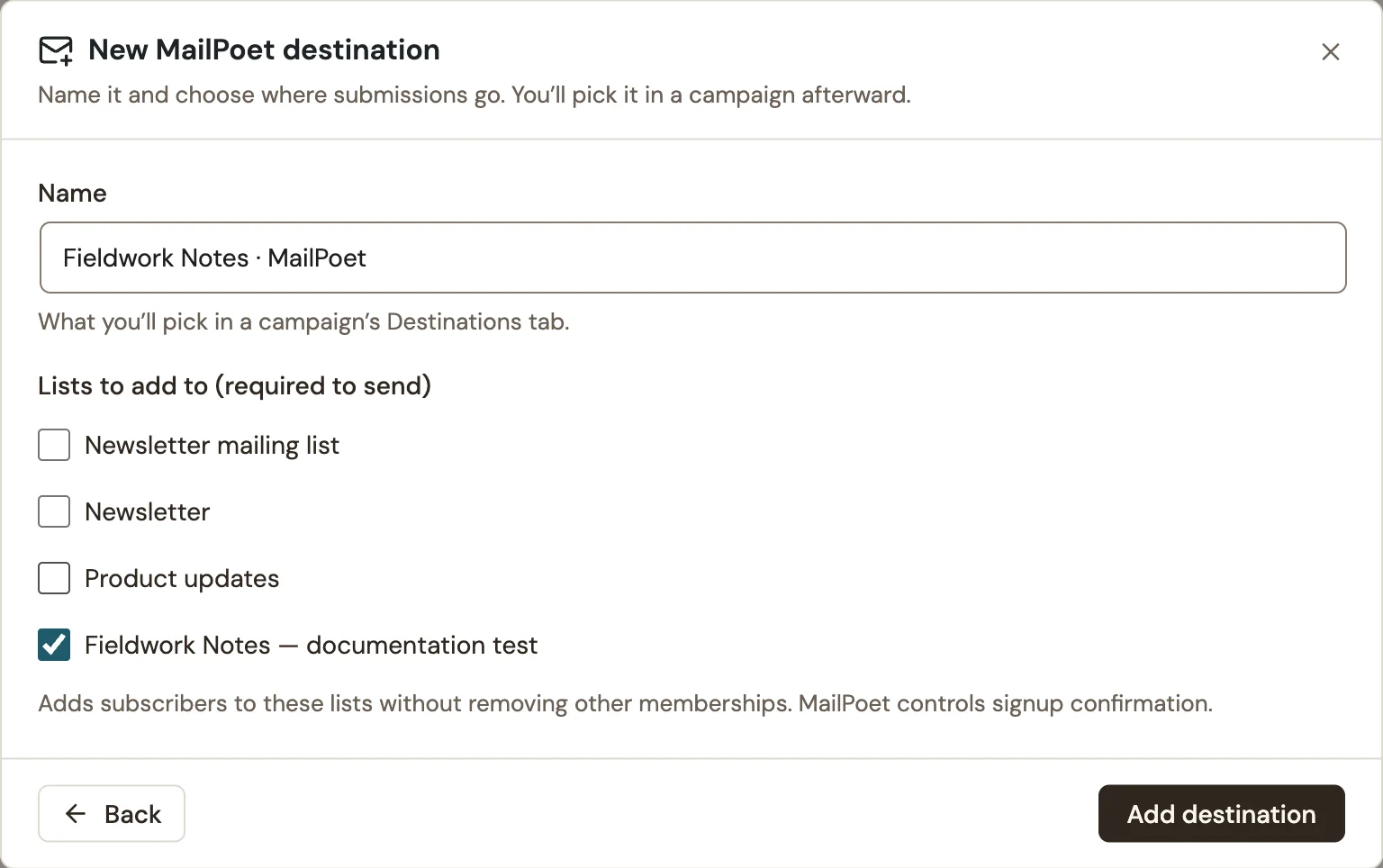 MailPoet destination with a dedicated test list selected
