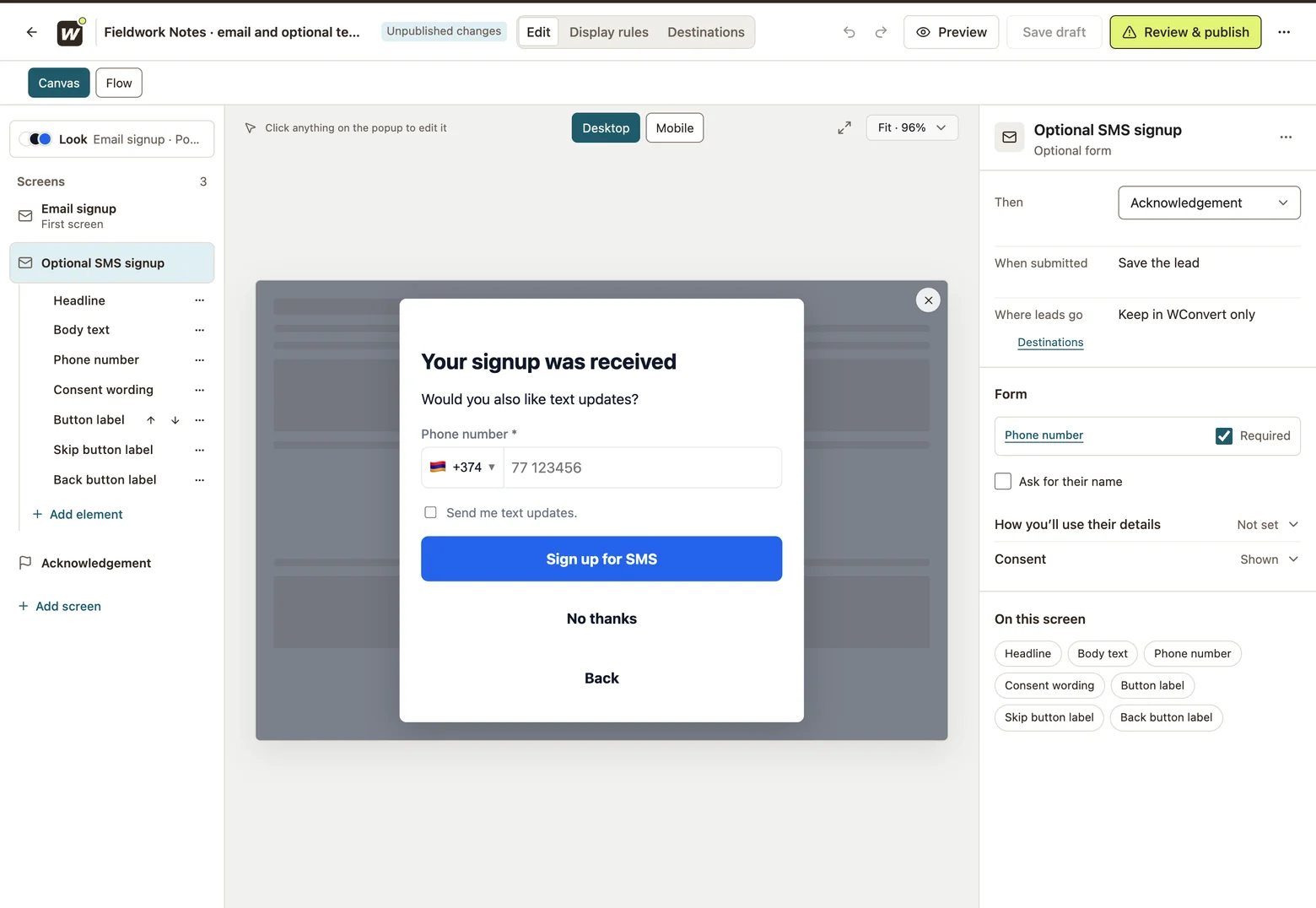 Optional SMS signup after the email form