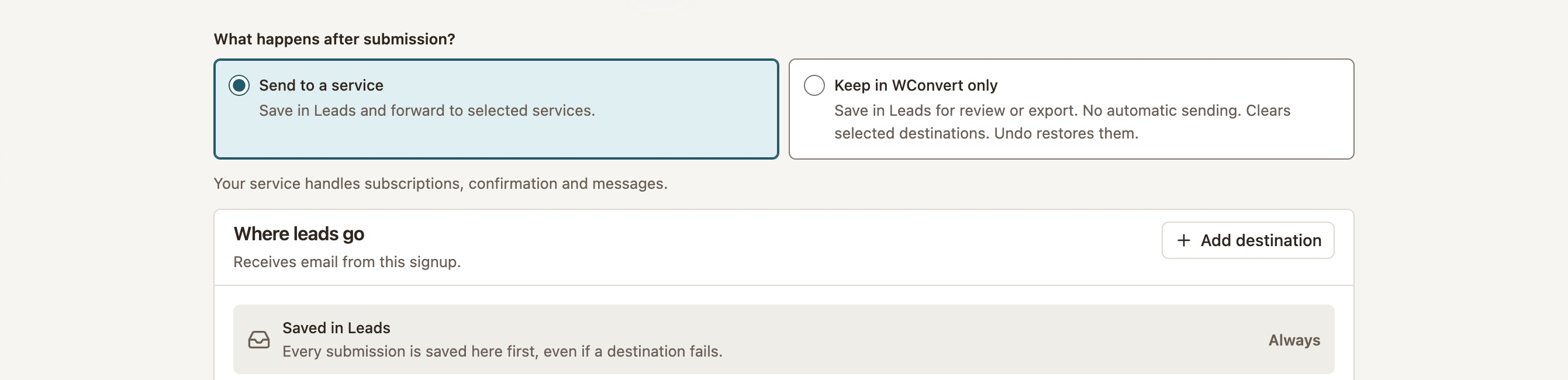Send to a service selected in WConvert: save in Leads and forward to selected services.