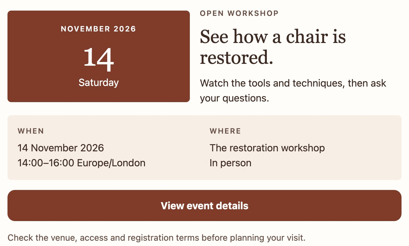 Workshop invitation for November 14, 2026, from 14:00 to 16:00 Europe/London, with venue and View event details link
