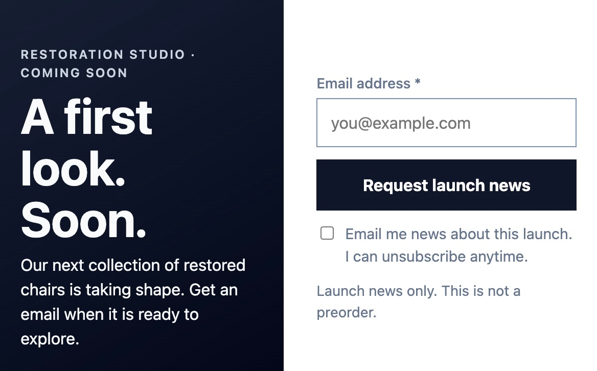 Restoration Studio launch-news signup, with an email field and unchecked consent
