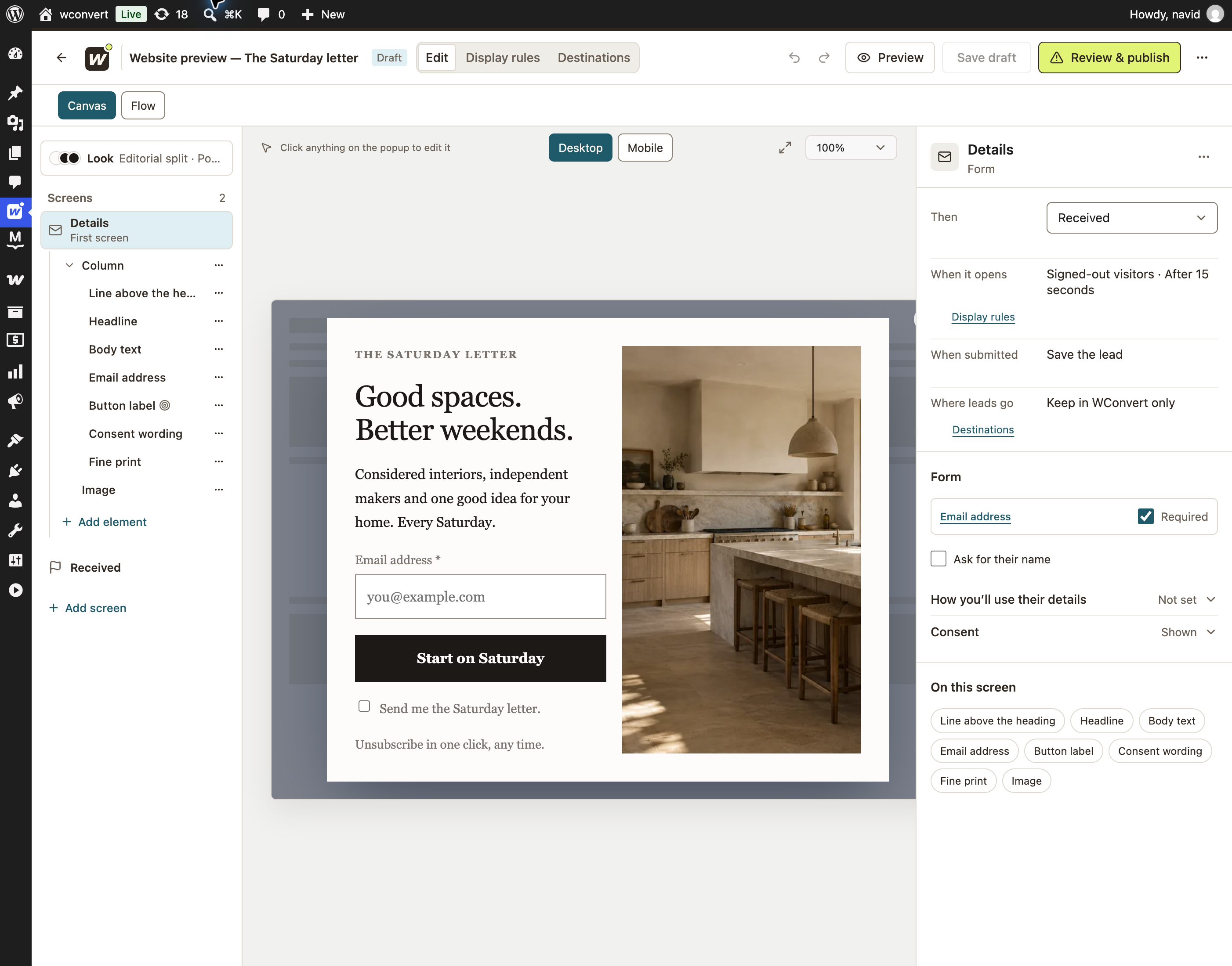 Current editor with screen outline, newsletter canvas and form settings.