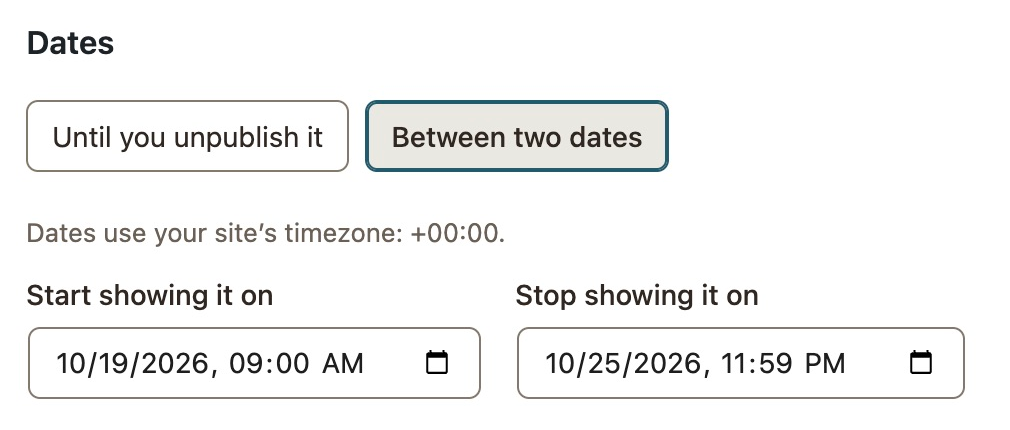 WConvert Dates settings with Between two dates selected, October 19 at 09:00 through October 25 at 23:59, timezone +00:00