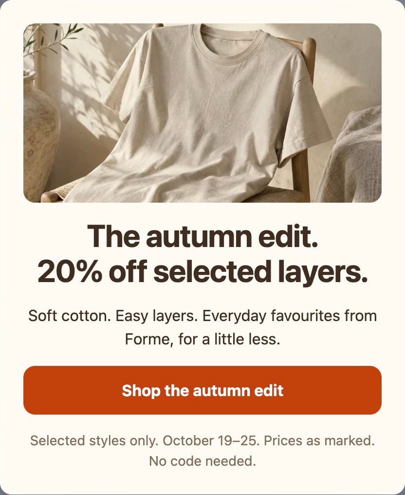 Autumn offer for 20% off selected layers, with an orange Shop the autumn edit button and October 19 to 25 terms