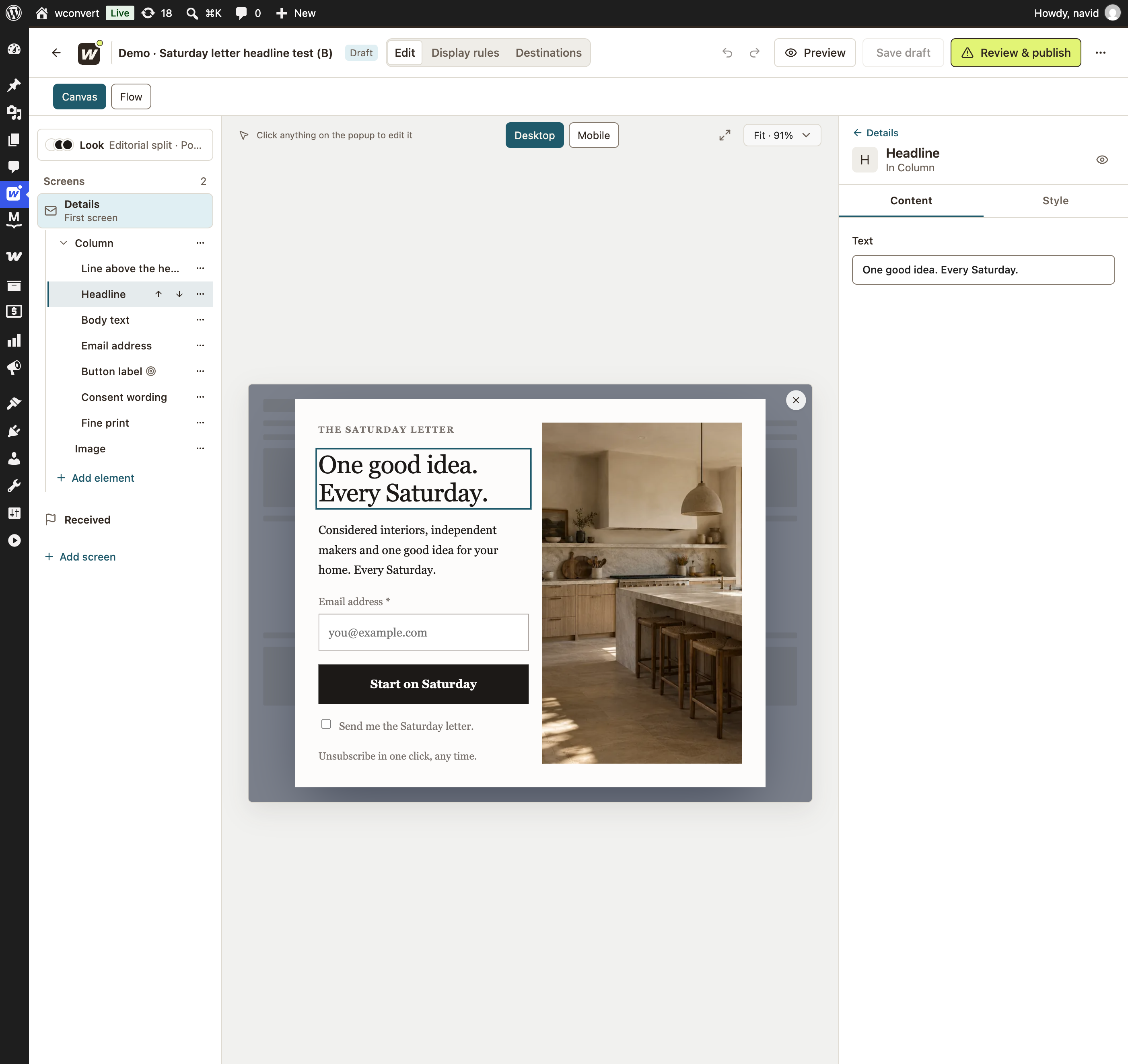 Updated WConvert Headline panel, with the Content tab and the text One good idea. Every Saturday.