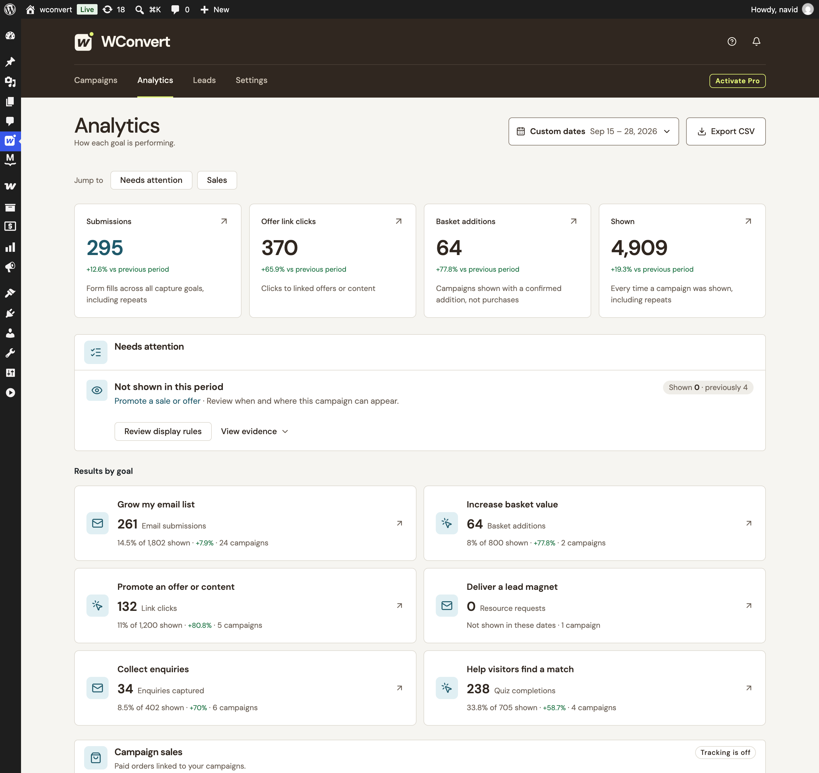 Current Analytics overview with reporting dates, separate outcome cards, attention guidance and goal results.