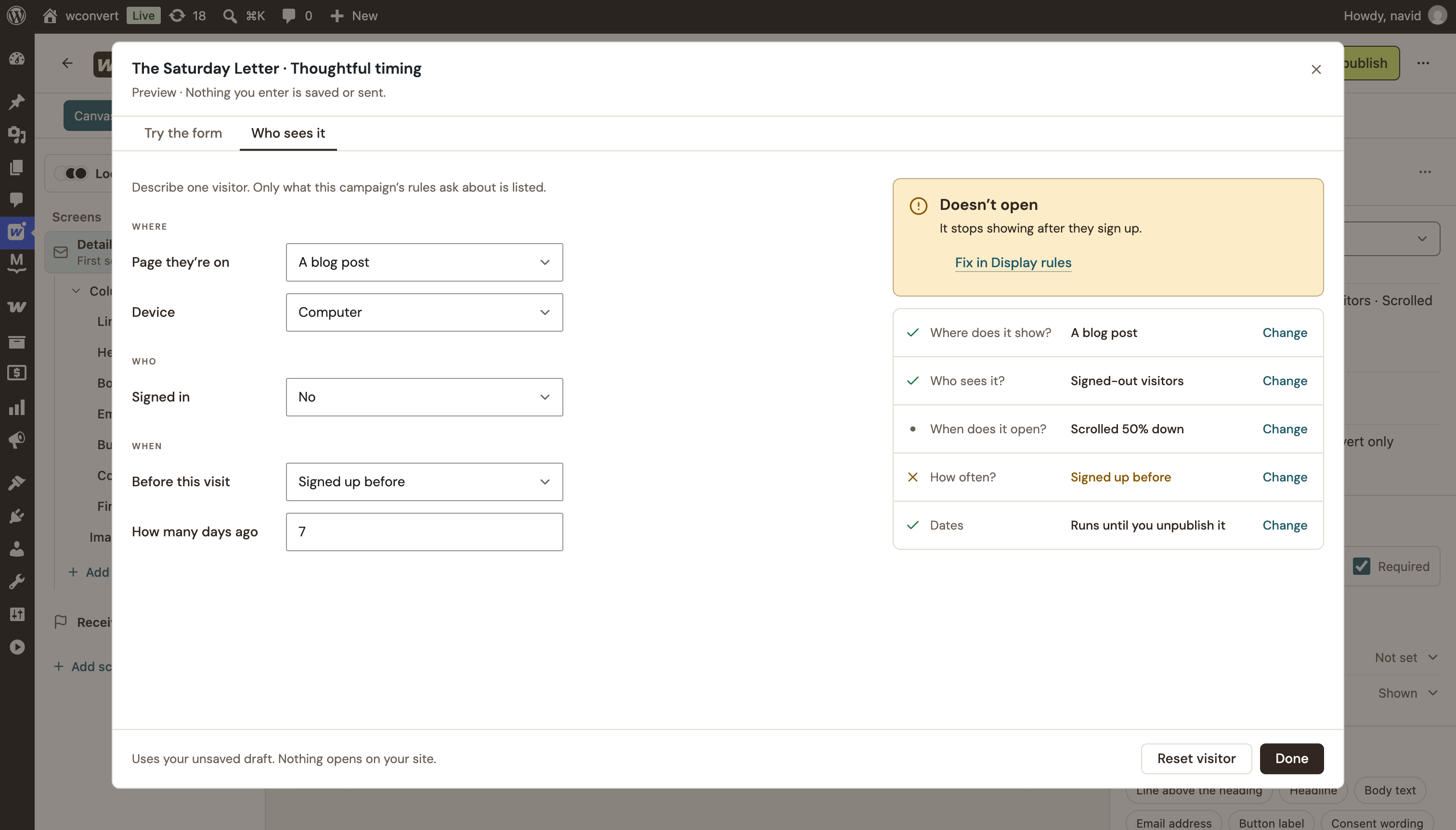 Real WConvert visitor preview: Doesn't open because it stops showing after signup