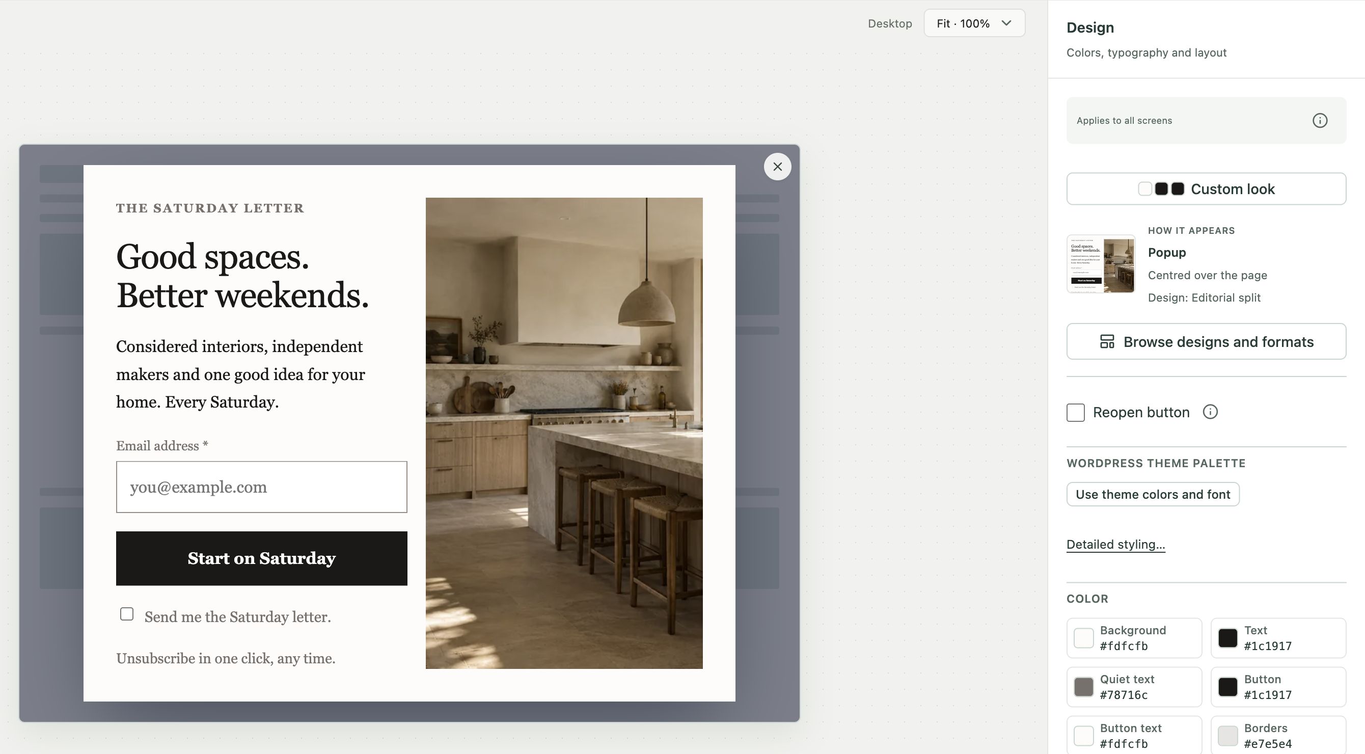 A real WConvert editor showing the customized Editorial split newsletter campaign