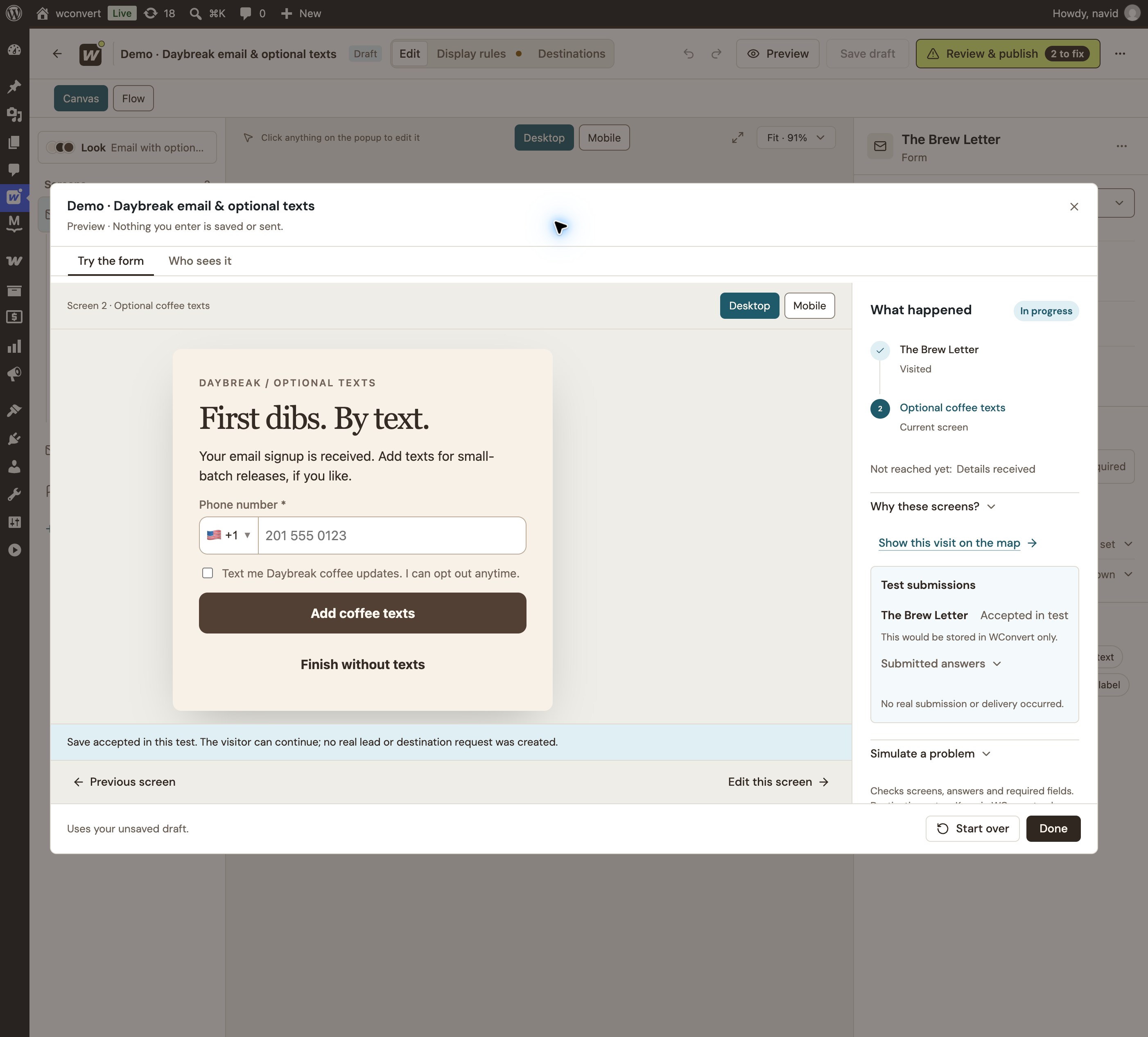 Real optional SMS form: First dibs. By text., phone number with country code, its own consent checkbox, Add coffee texts and Finish without texts.