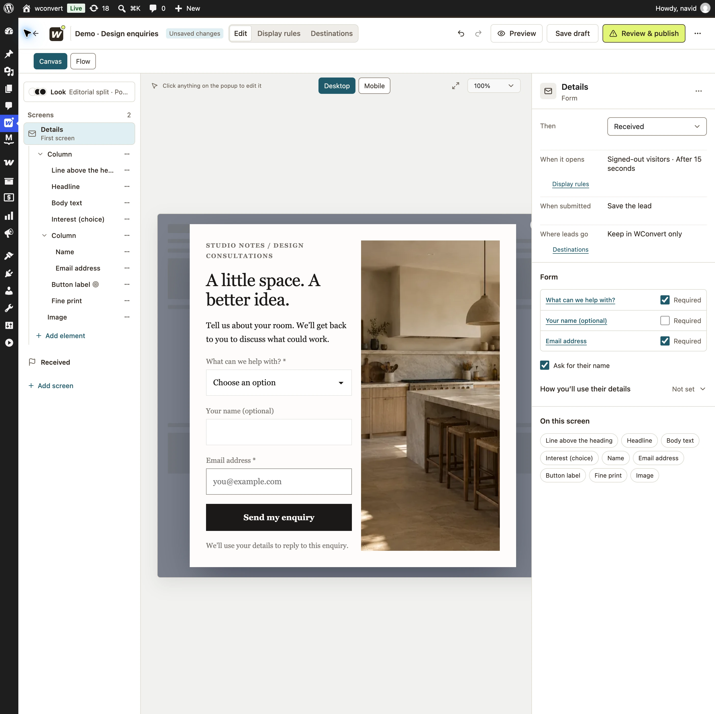 Design consultation form with a service choice, name, email, Send my enquiry button and a sunlit kitchen photograph.