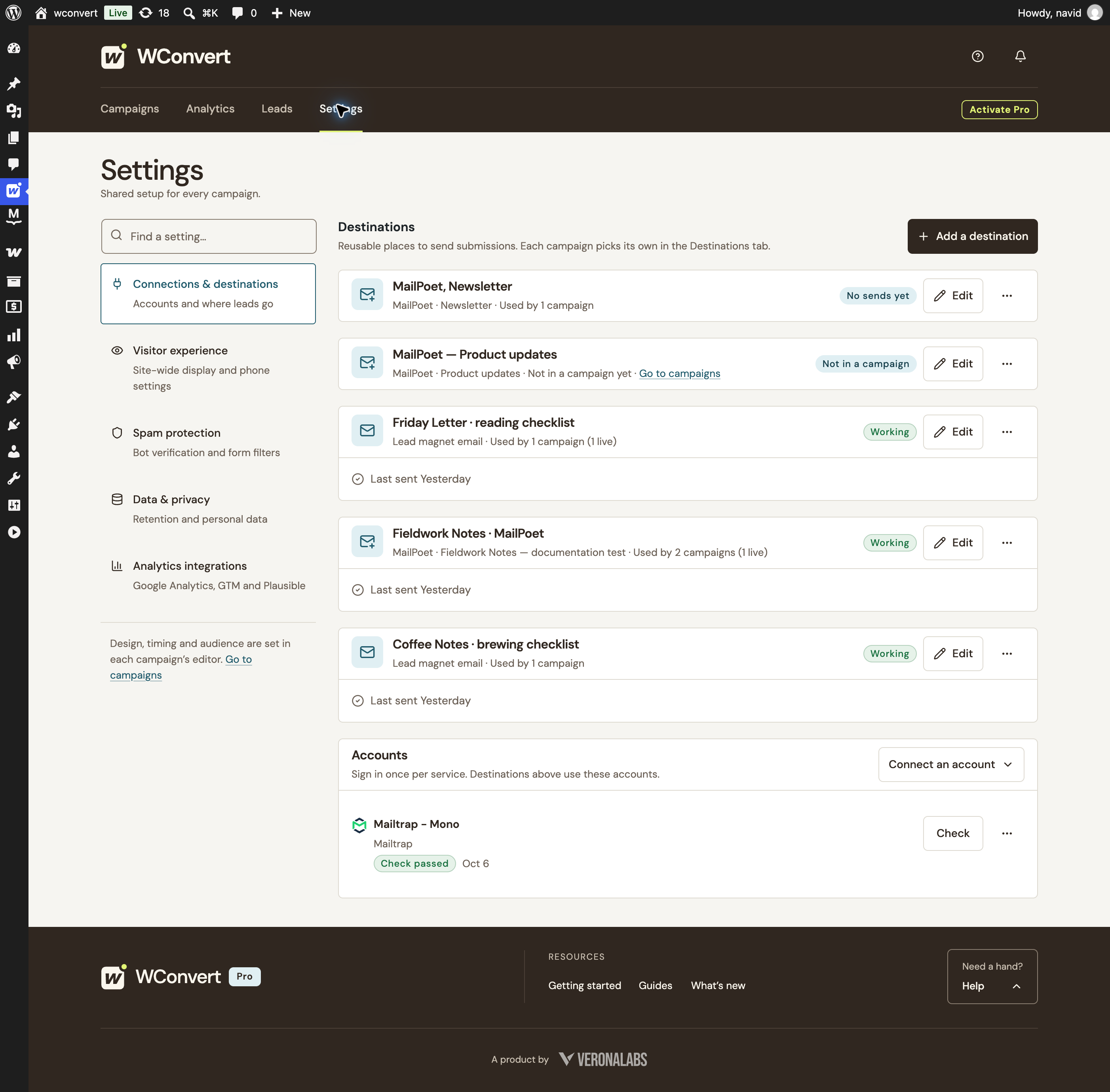 WConvert reusable destinations showing their service, campaign usage and latest activity. Fieldwork Notes uses MailPoet and is used by two campaigns, one live.