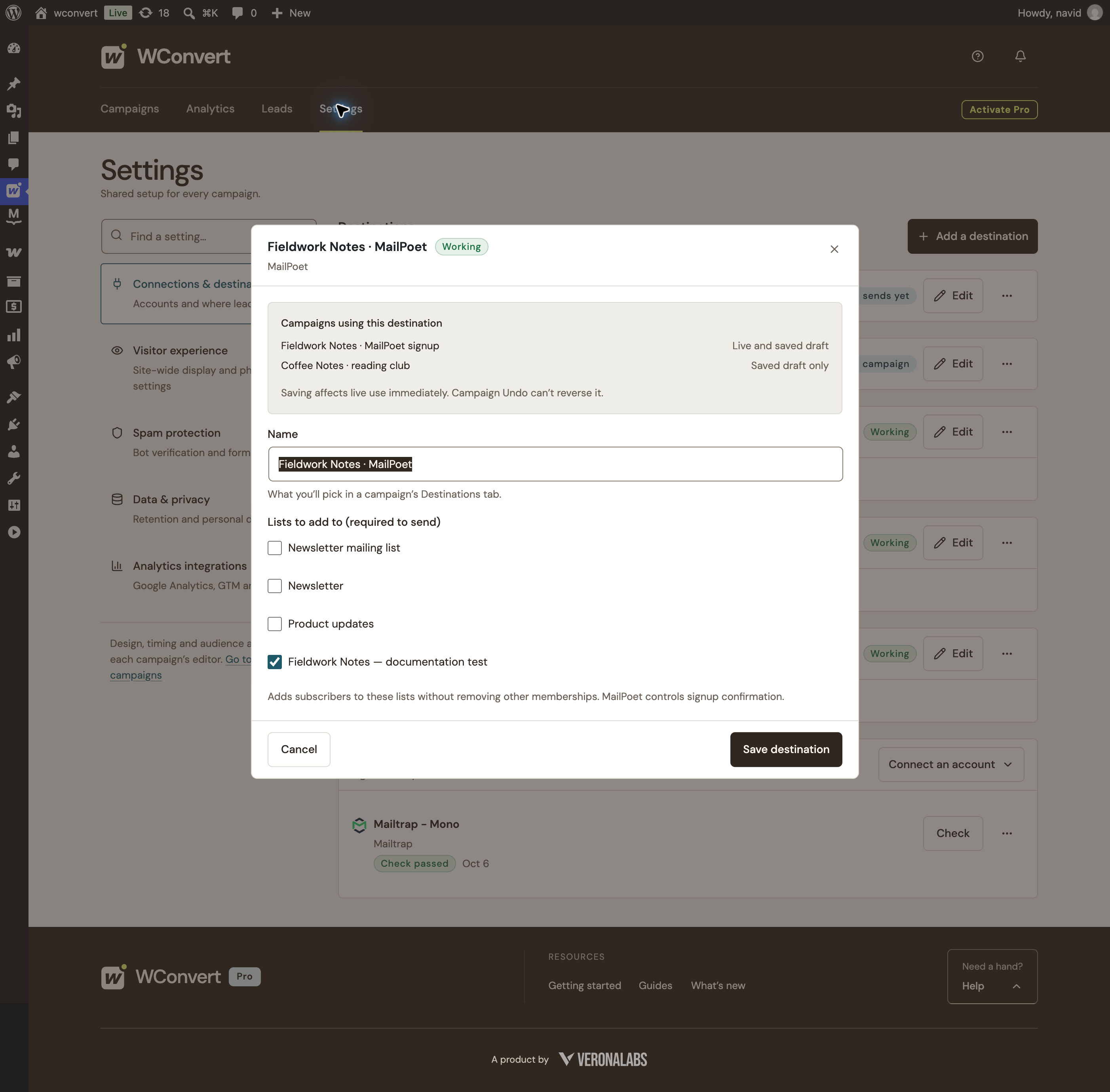 Real MailPoet list selector with Fieldwork Notes documentation test checked; newsletter and product updates lists are unchecked.
