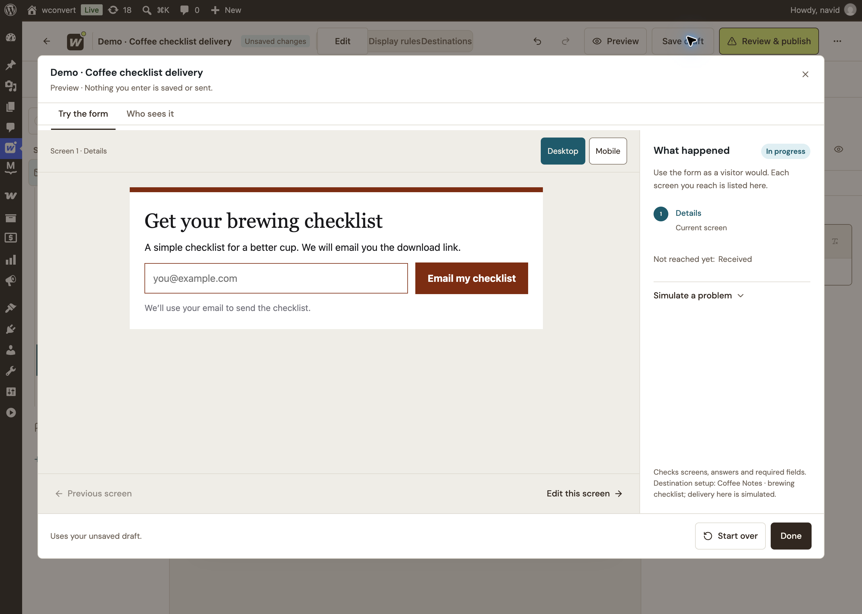 WConvert form asking for an email address to send a brewing checklist, with the button Email my checklist