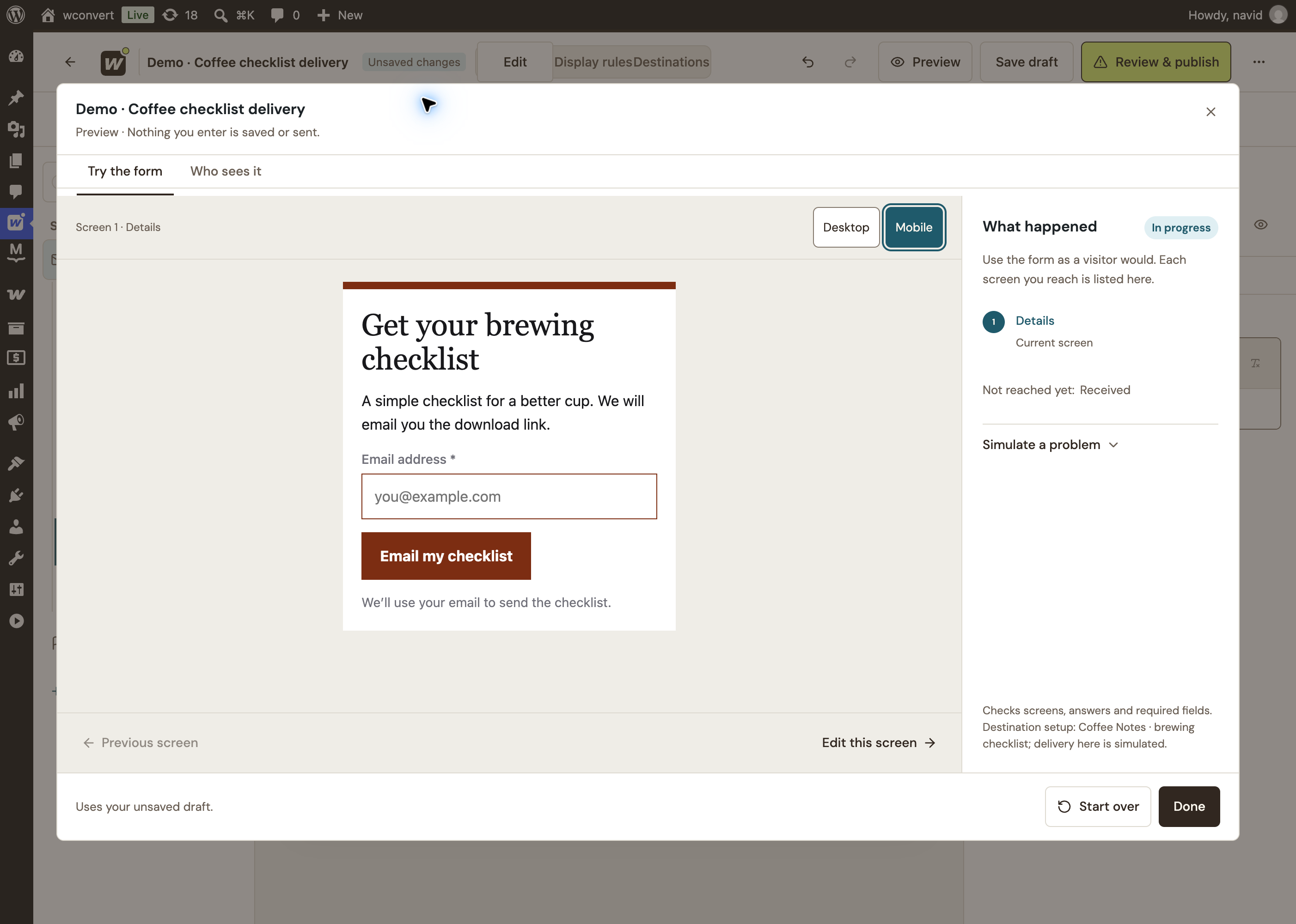 Responsive WConvert brewing checklist signup form