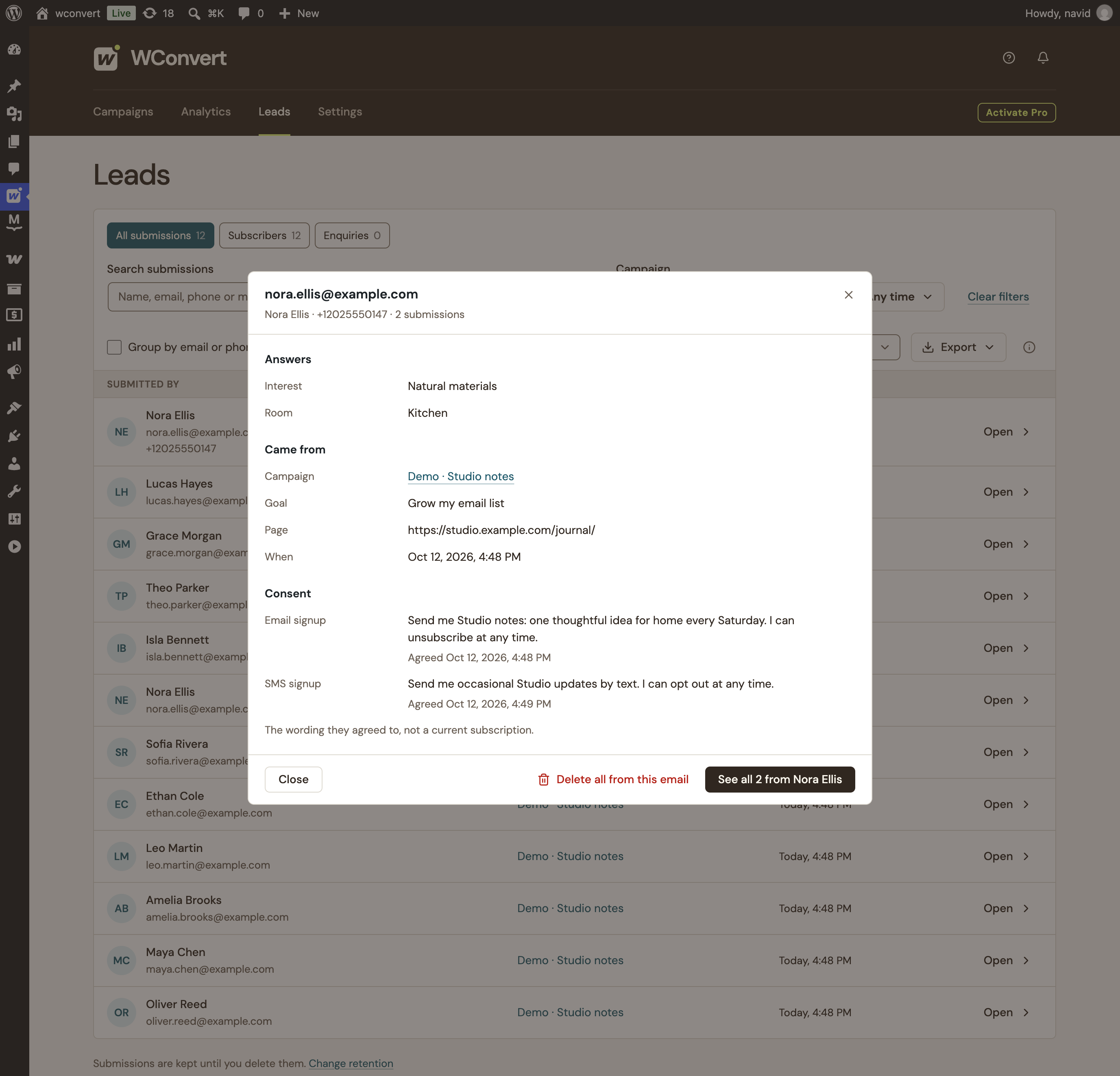 Real submission dialog for fictional Nora Ellis: natural materials, kitchen, campaign and source page, separate email and SMS permission wording and times.