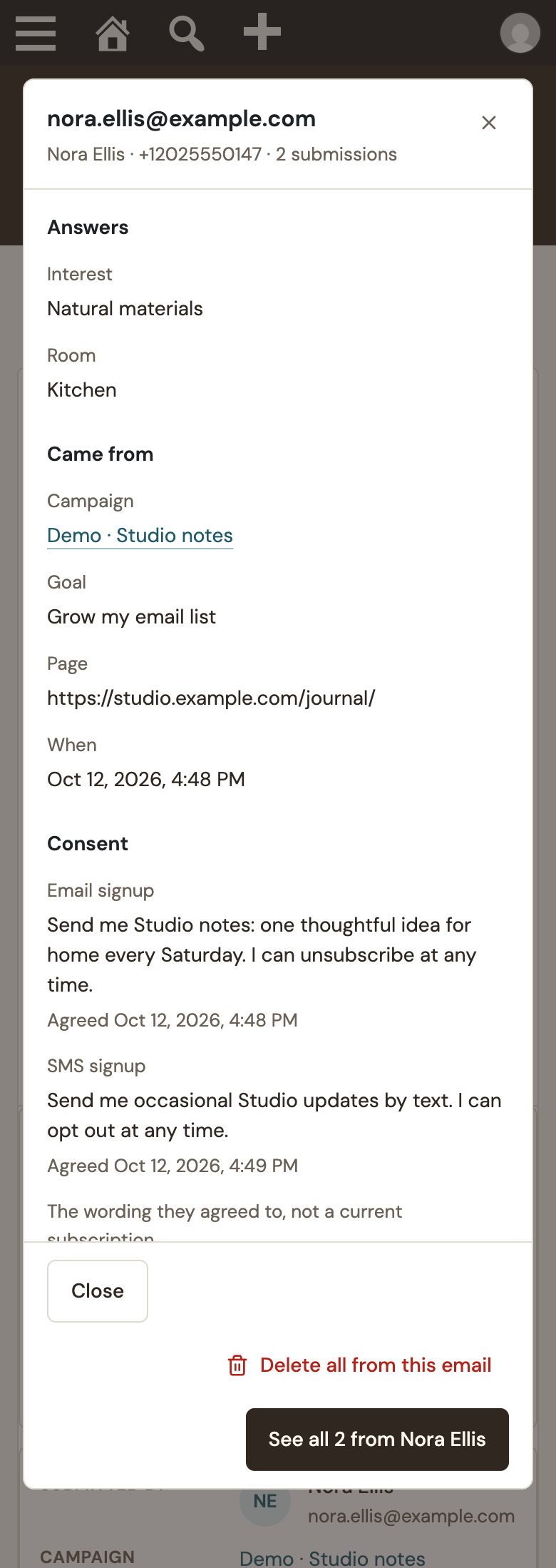 Nora Ellis demo record with her email, phone and answers: natural materials and kitchen.