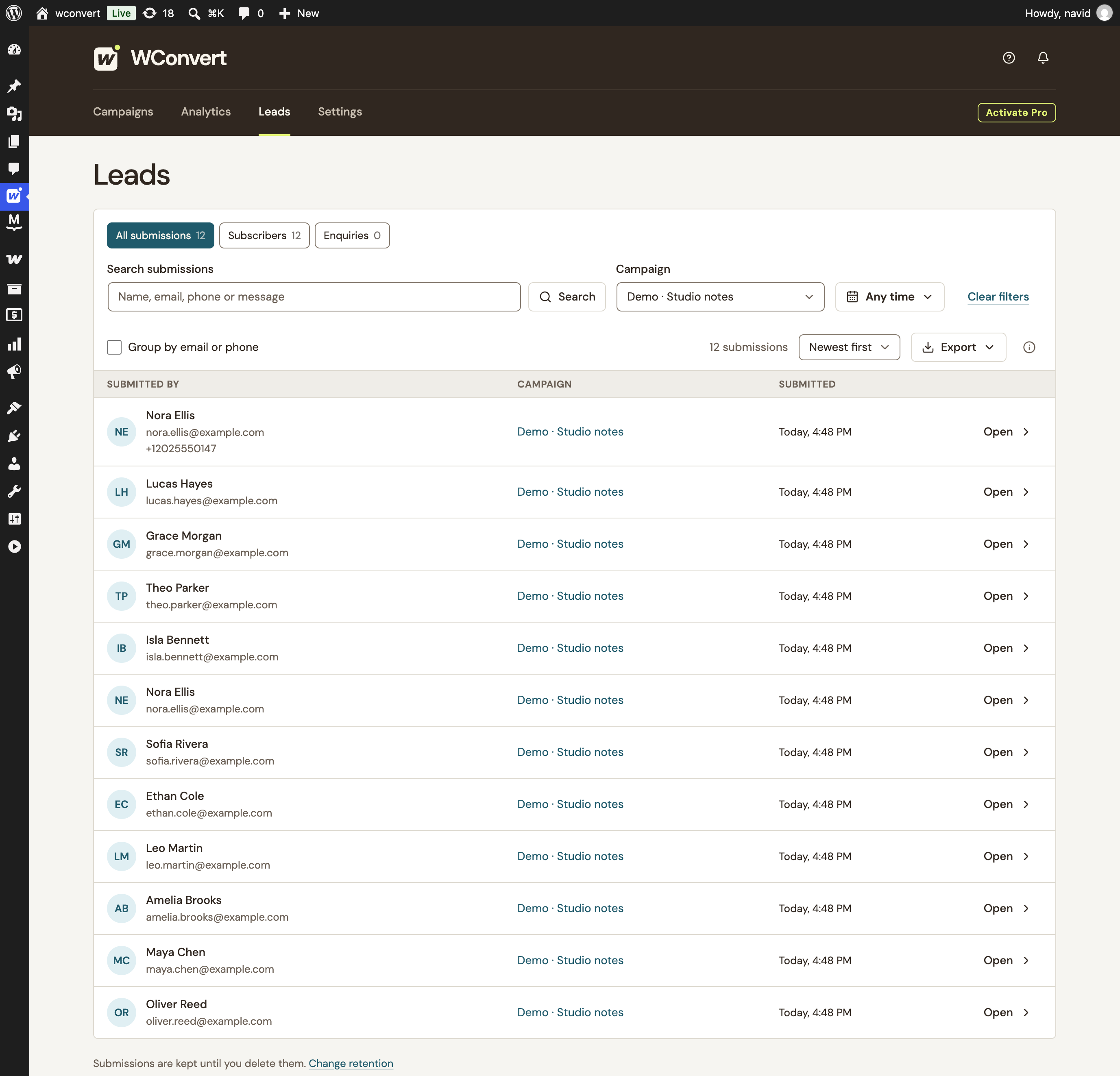 Current WConvert Leads screen filtered to Demo Studio notes, with 12 submissions, search, campaign filters and a list of fictional signups.