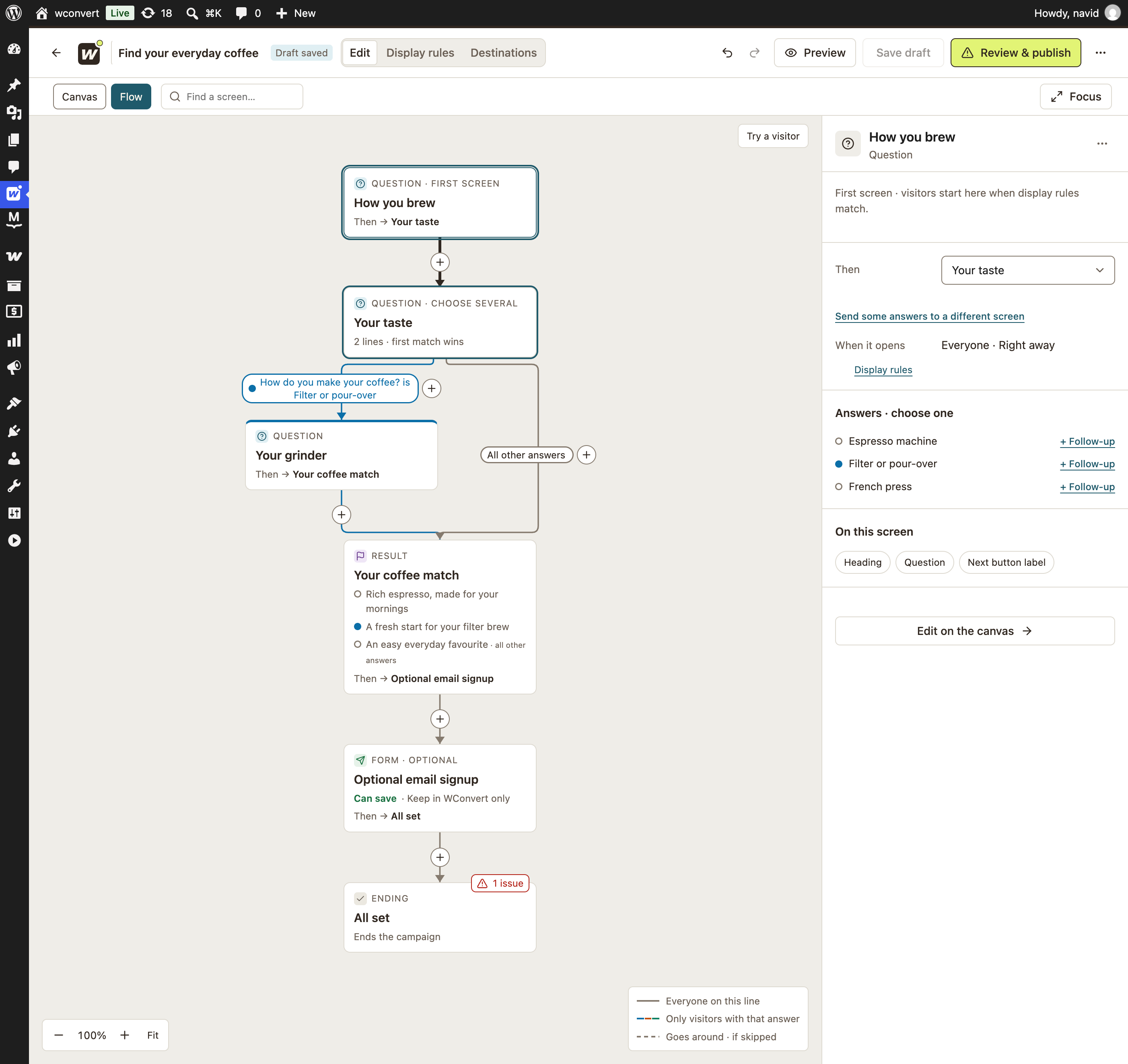 Real WConvert flow: How you brew leads to Your taste, a conditional grinder question, and Your coffee match.