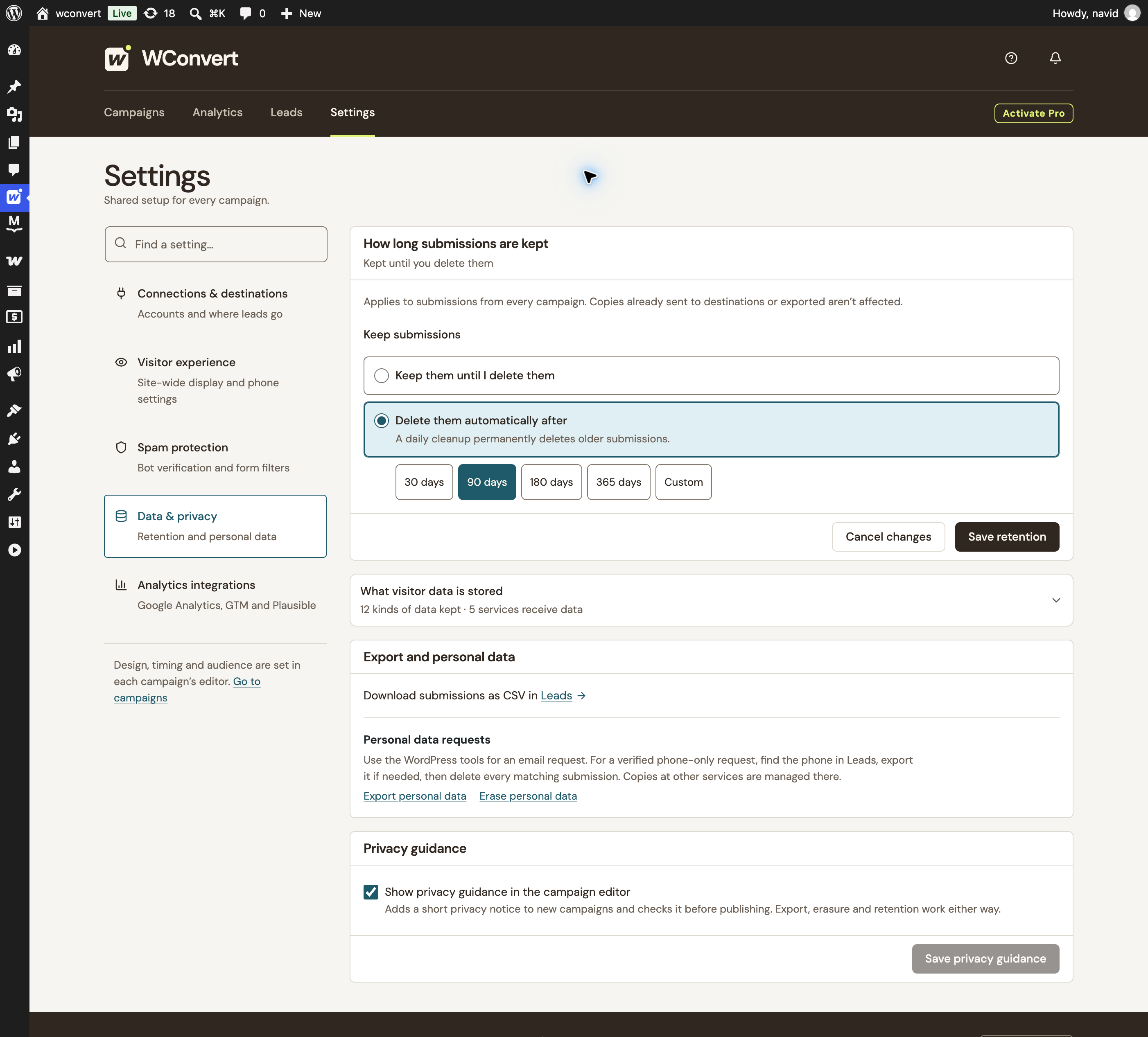 Updated WConvert privacy settings with retention controls and stored-data information. The 90-day choice is an unsaved example; the saved policy remains keep until deleted.